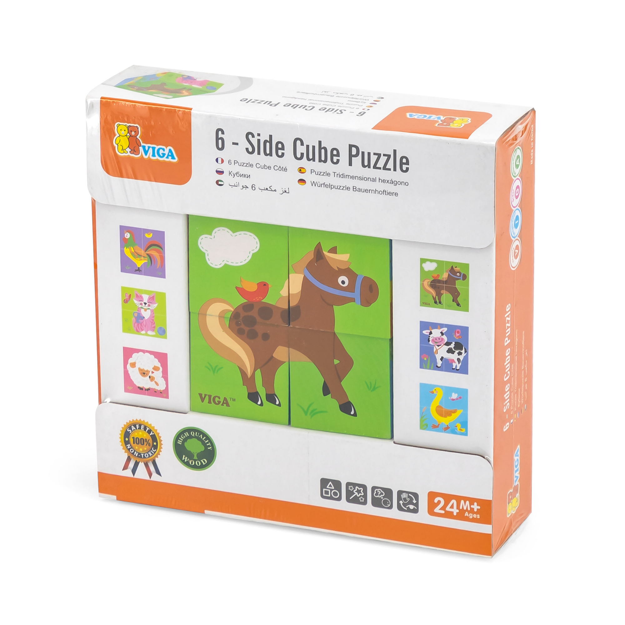 Viga Farm Animals, 6 Sided Cube Puzzle, Montessori Wooden Toy, Develops Sensory, Cognitive & Fine Motor Skills, Non-Toxic & Eco-friendly Kids Educational Toy, Suitable for Boys and Girls Aged 2Y+