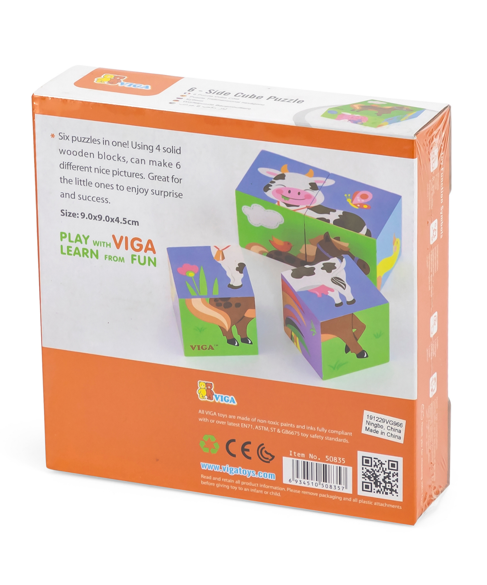 Viga Farm Animals, 6 Sided Cube Puzzle, Montessori Wooden Toy, Develops Sensory, Cognitive & Fine Motor Skills, Non-Toxic & Eco-friendly Kids Educational Toy, Suitable for Boys and Girls Aged 2Y+