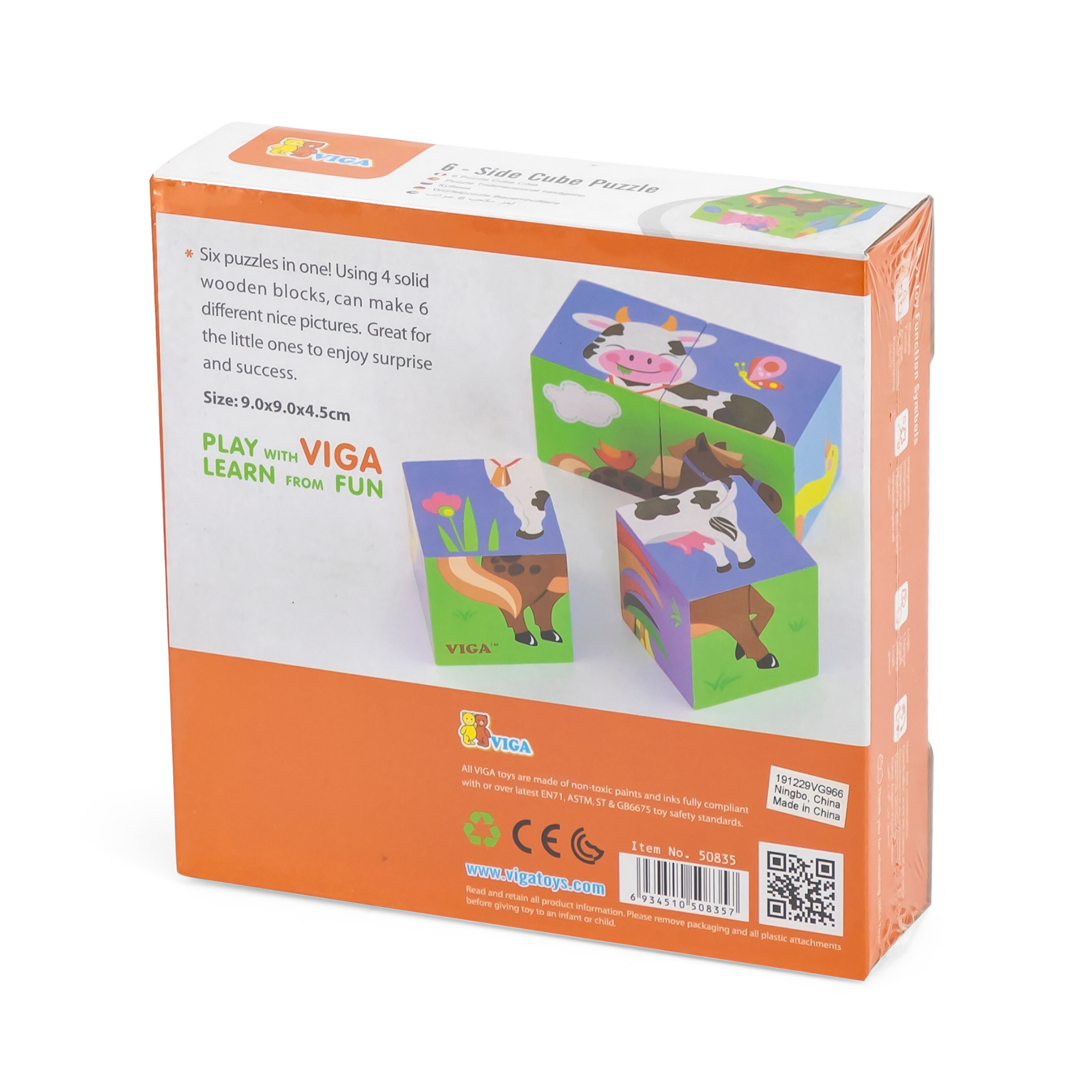 Viga Farm Animals, 6 Sided Cube Puzzle, Montessori Wooden Toy, Develops Sensory, Cognitive & Fine Motor Skills, Non-Toxic & Eco-friendly Kids Educational Toy, Suitable for Boys and Girls Aged 2Y+
