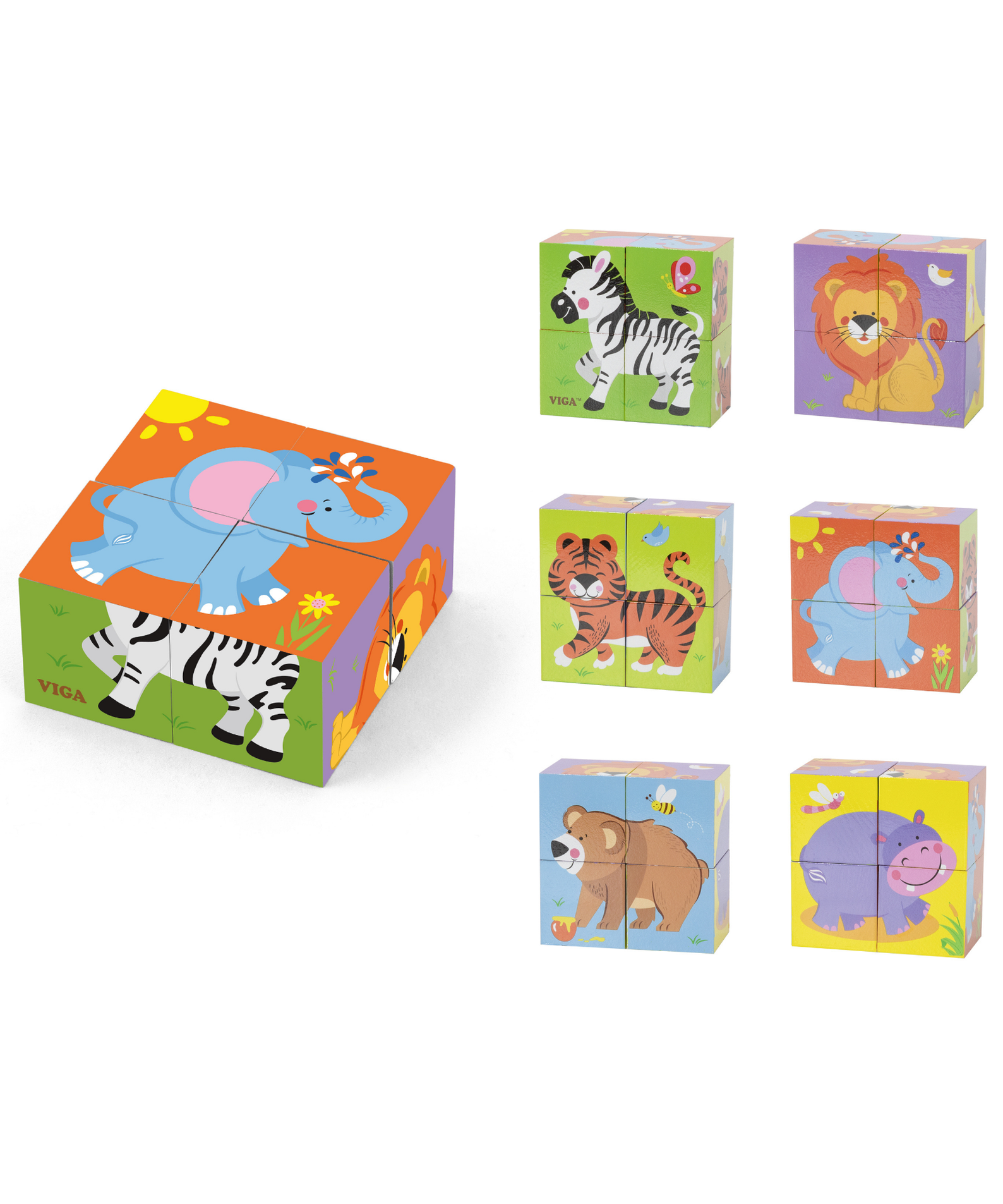 Viga Wild Animals, 6 Sided 2x2 Cube Puzzle, Montessori Wooden Toy, Develops Sensory, Cognitive & Fine Motor Skills, Non-Toxic & Eco-friendly Kids Educational Toy, Suitable for Boys and Girls Aged 2Y+