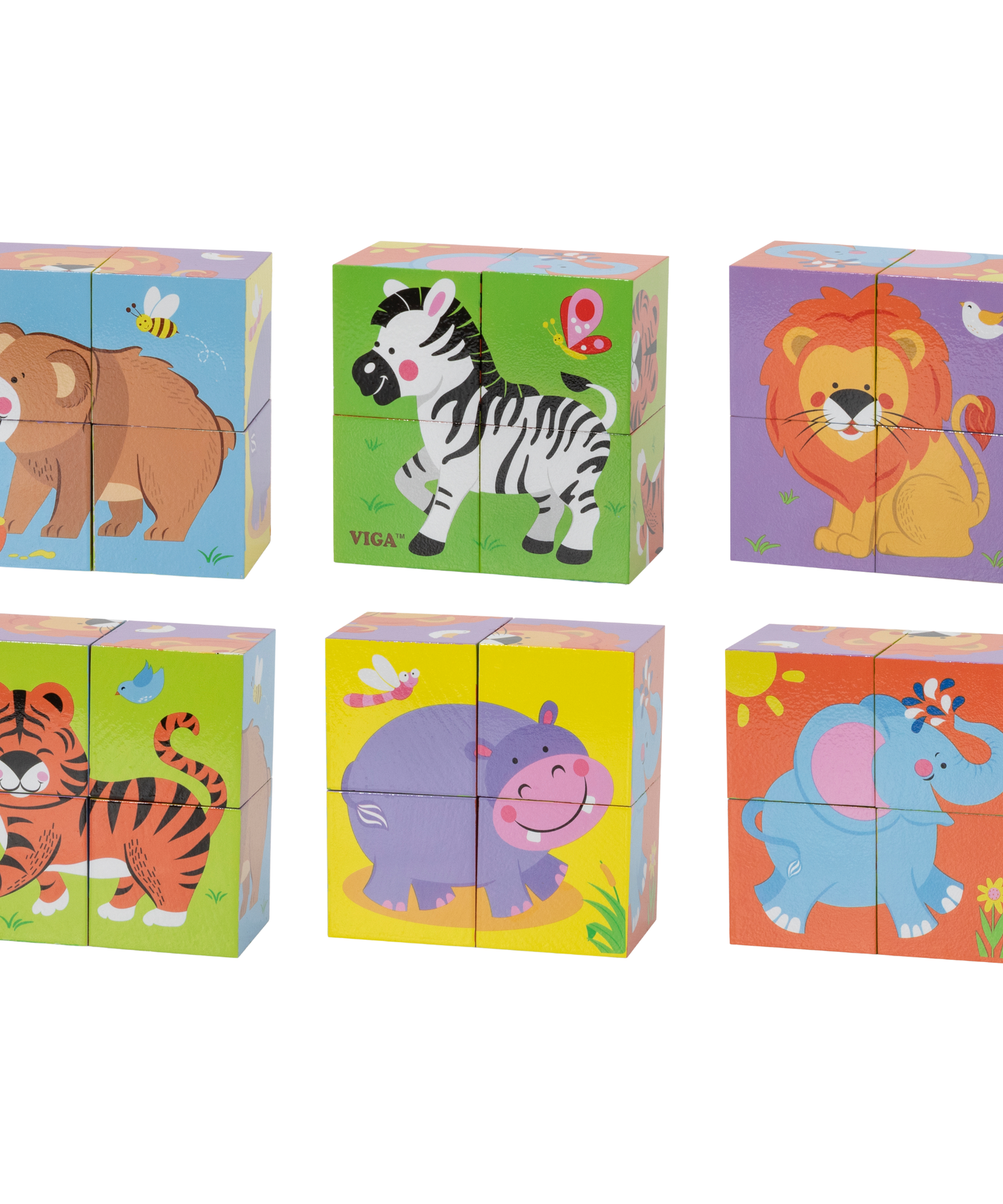 Viga Wild Animals, 6 Sided 2x2 Cube Puzzle, Montessori Wooden Toy, Develops Sensory, Cognitive & Fine Motor Skills, Non-Toxic & Eco-friendly Kids Educational Toy, Suitable for Boys and Girls Aged 2Y+
