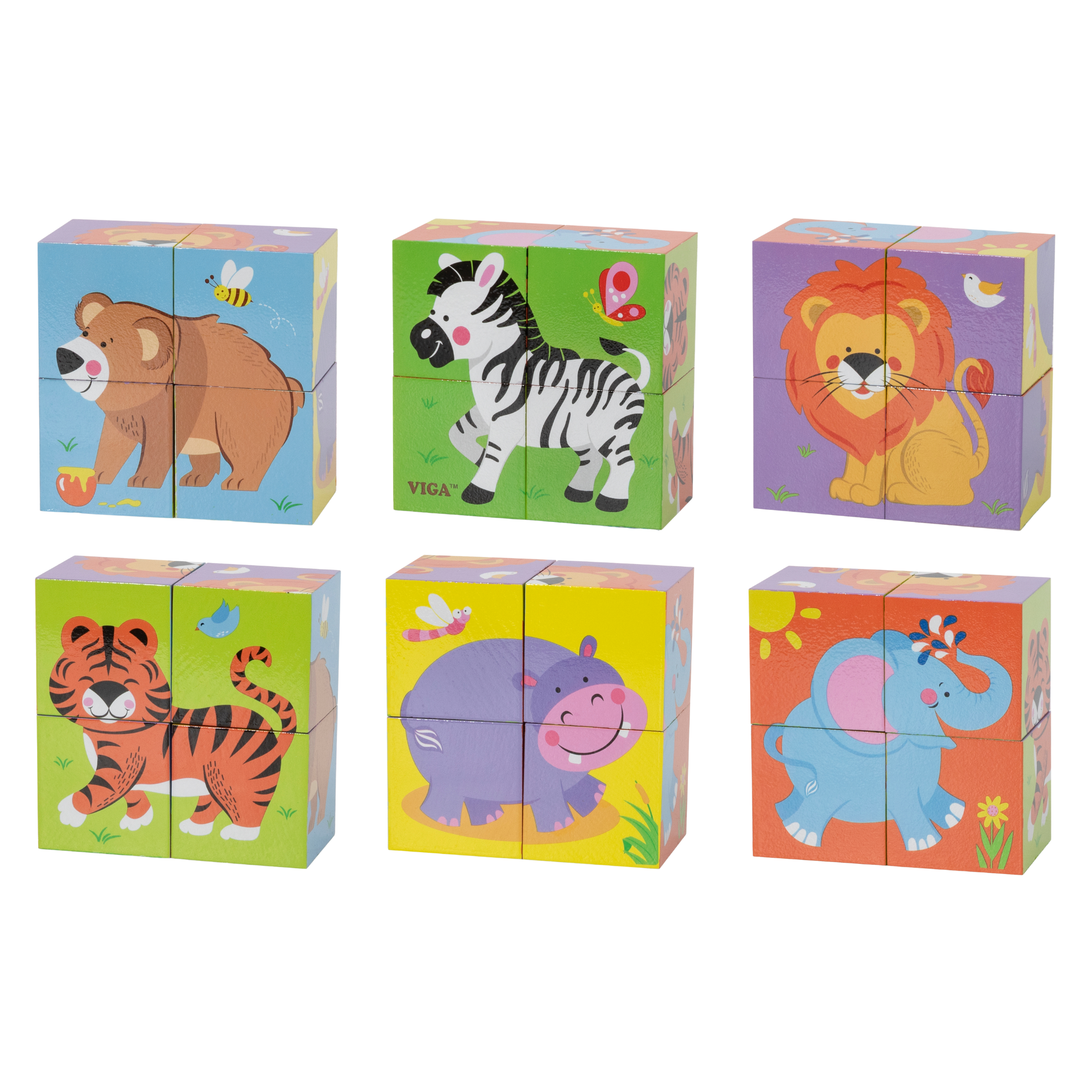 Viga Wild Animals, 6 Sided 2x2 Cube Puzzle, Montessori Wooden Toy, Develops Sensory, Cognitive & Fine Motor Skills, Non-Toxic & Eco-friendly Kids Educational Toy, Suitable for Boys and Girls Aged 2Y+