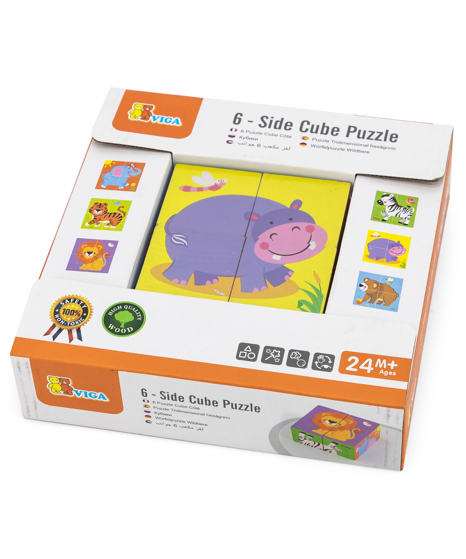 Viga Wild Animals, 6 Sided 2x2 Cube Puzzle, Montessori Wooden Toy, Develops Sensory, Cognitive & Fine Motor Skills, Non-Toxic & Eco-friendly Kids Educational Toy, Suitable for Boys and Girls Aged 2Y+