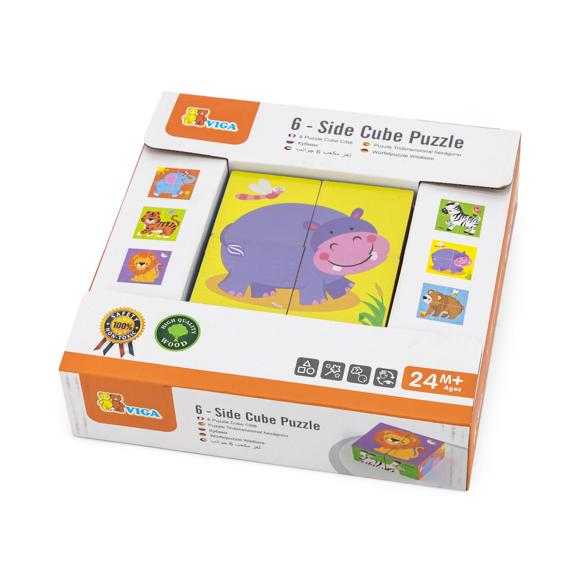 Viga Wild Animals, 6 Sided 2x2 Cube Puzzle, Montessori Wooden Toy, Develops Sensory, Cognitive & Fine Motor Skills, Non-Toxic & Eco-friendly Kids Educational Toy, Suitable for Boys and Girls Aged 2Y+