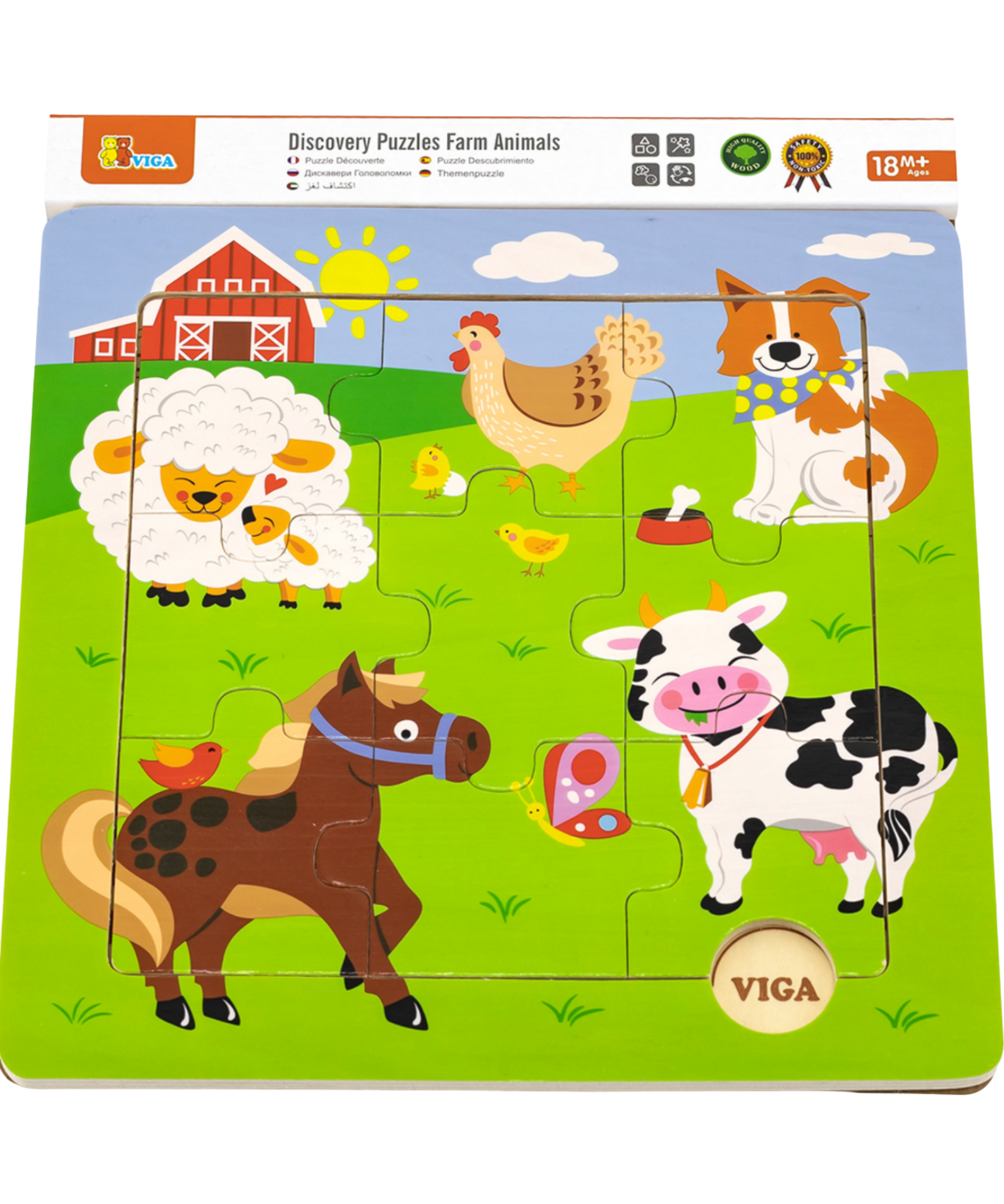 Viga Farm Animals, 9 Piece Jigsaw Puzzle, Montessori Wooden Toy, Develops Sensory, Cognitive & Fine Motor Skills, Non-Toxic & Eco-friendly Kids Educational Toy, Suitable for Boys and Girls Aged 18M+