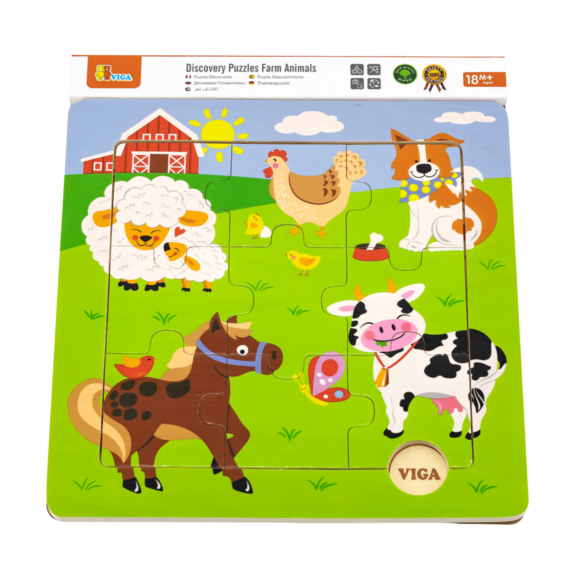 Viga Farm Animals, 9 Piece Jigsaw Puzzle, Montessori Wooden Toy, Develops Sensory, Cognitive & Fine Motor Skills, Non-Toxic & Eco-friendly Kids Educational Toy, Suitable for Boys and Girls Aged 18M+