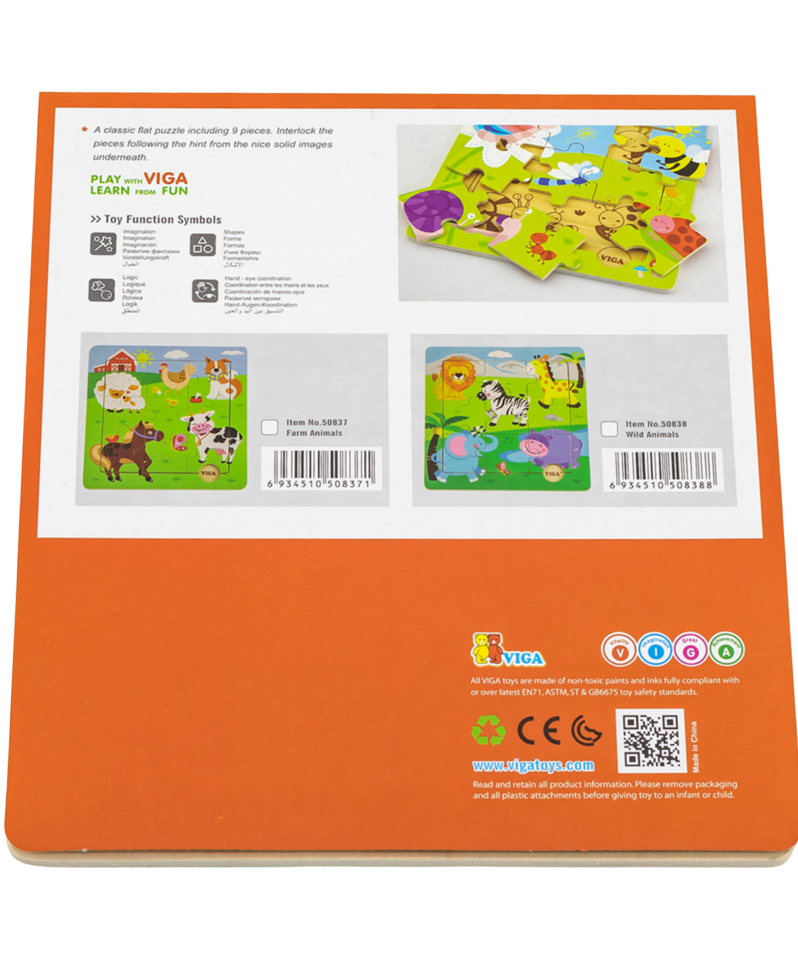 Viga Farm Animals, 9 Piece Jigsaw Puzzle, Montessori Wooden Toy, Develops Sensory, Cognitive & Fine Motor Skills, Non-Toxic & Eco-friendly Kids Educational Toy, Suitable for Boys and Girls Aged 18M+