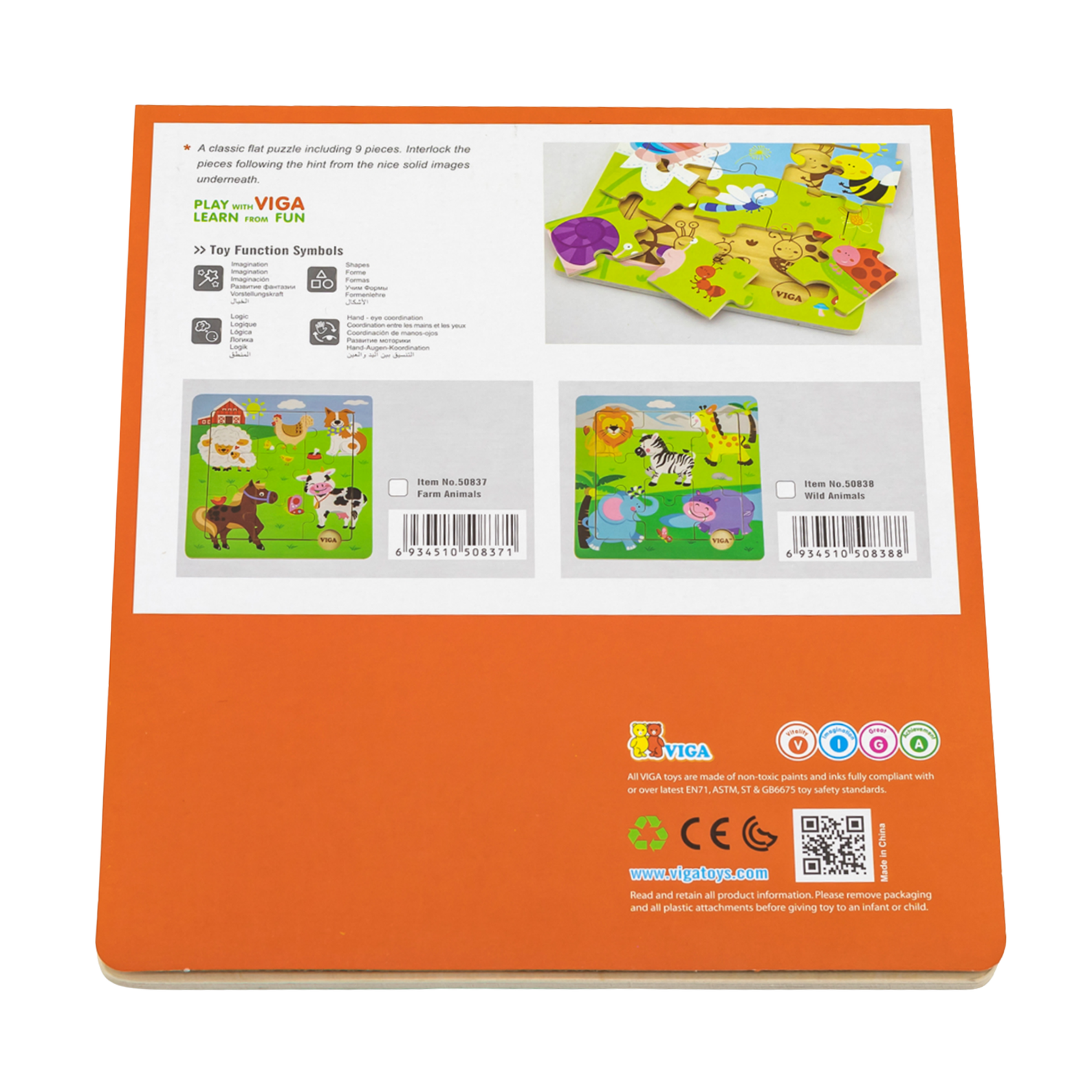 Viga Wild Animals, 9 Piece Jigsaw Puzzle, Montessori Wooden Toy, Develops Sensory, Cognitive & Fine Motor Skills, Non-Toxic & Eco-friendly Kids Educational Toy, Suitable for Boys and Girls Aged 18M+