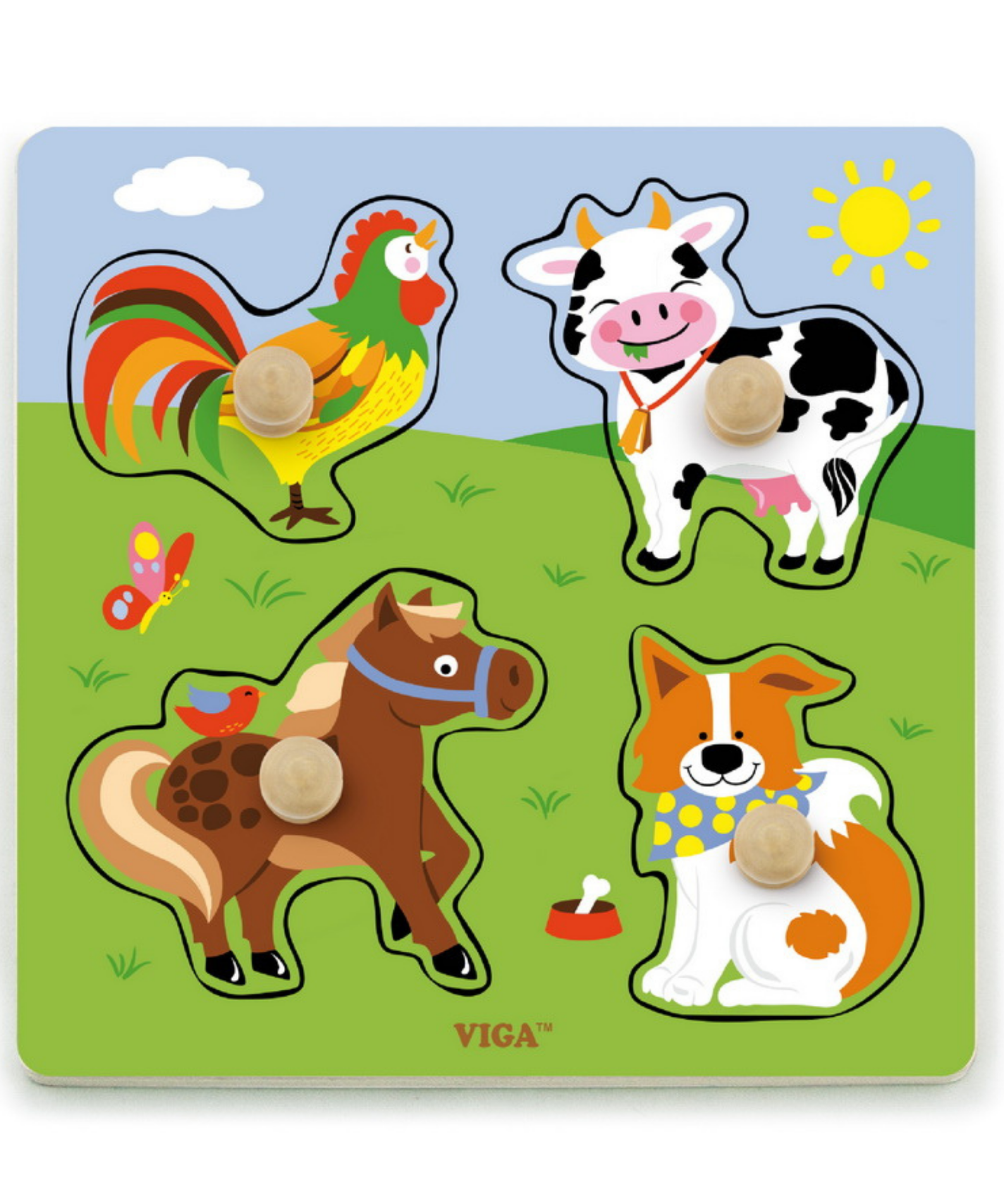 Viga Farm Animals, 4 Piece Knob Puzzle, Montessori Wooden Toy, Develops Sensory, Cognitive & Fine Motor Skills, Non-Toxic & Eco-friendly Kids Educational Toy, Suitable for Boys and Girls Aged 12M+