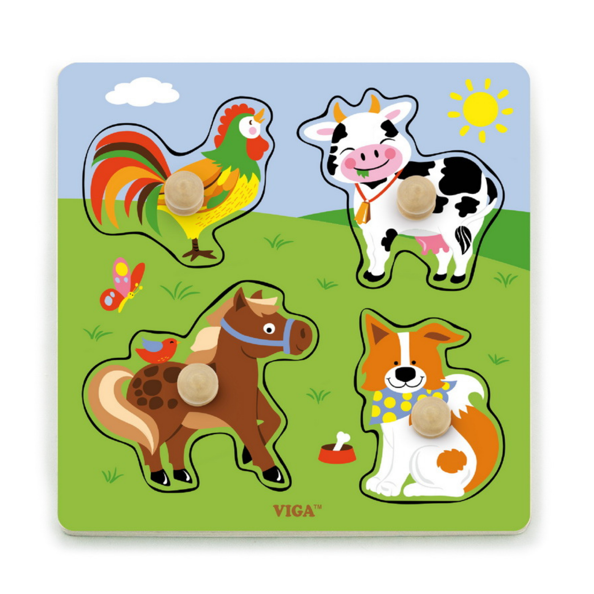 Viga Farm Animals, 4 Piece Knob Puzzle, Montessori Wooden Toy, Develops Sensory, Cognitive & Fine Motor Skills, Non-Toxic & Eco-friendly Kids Educational Toy, Suitable for Boys and Girls Aged 12M+