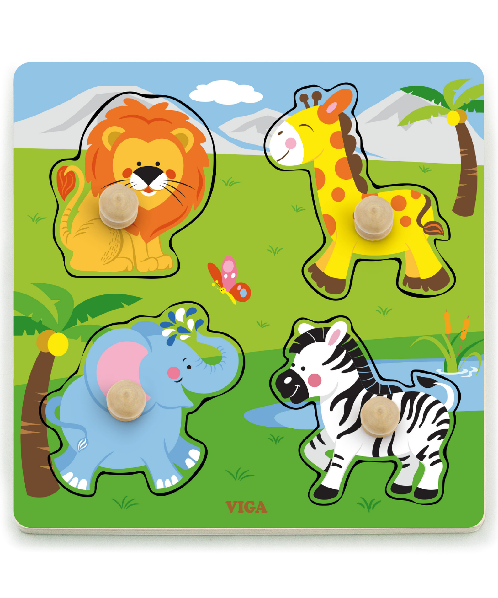 Viga Wild Animals, 4 Piece Knob Puzzle, Montessori Wooden Toy, Develops Sensory, Cognitive & Fine Motor Skills, Non-Toxic & Eco-friendly Kids Educational Toy, Suitable for Boys and Girls Aged 12m+