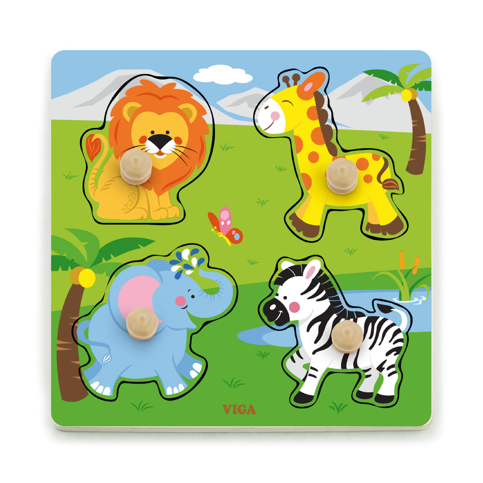 Viga Wild Animals, 4 Piece Knob Puzzle, Montessori Wooden Toy, Develops Sensory, Cognitive & Fine Motor Skills, Non-Toxic & Eco-friendly Kids Educational Toy, Suitable for Boys and Girls Aged 12m+