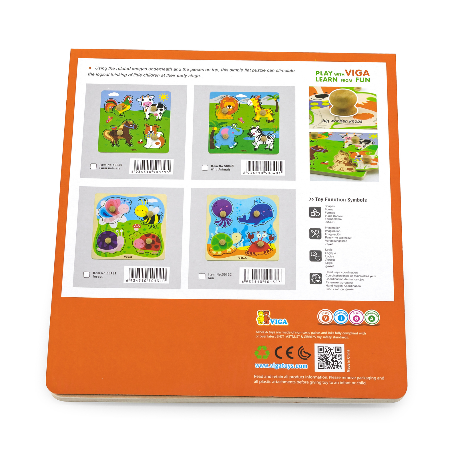 Viga Wild Animals, 4 Piece Knob Puzzle, Montessori Wooden Toy, Develops Sensory, Cognitive & Fine Motor Skills, Non-Toxic & Eco-friendly Kids Educational Toy, Suitable for Boys and Girls Aged 12m+
