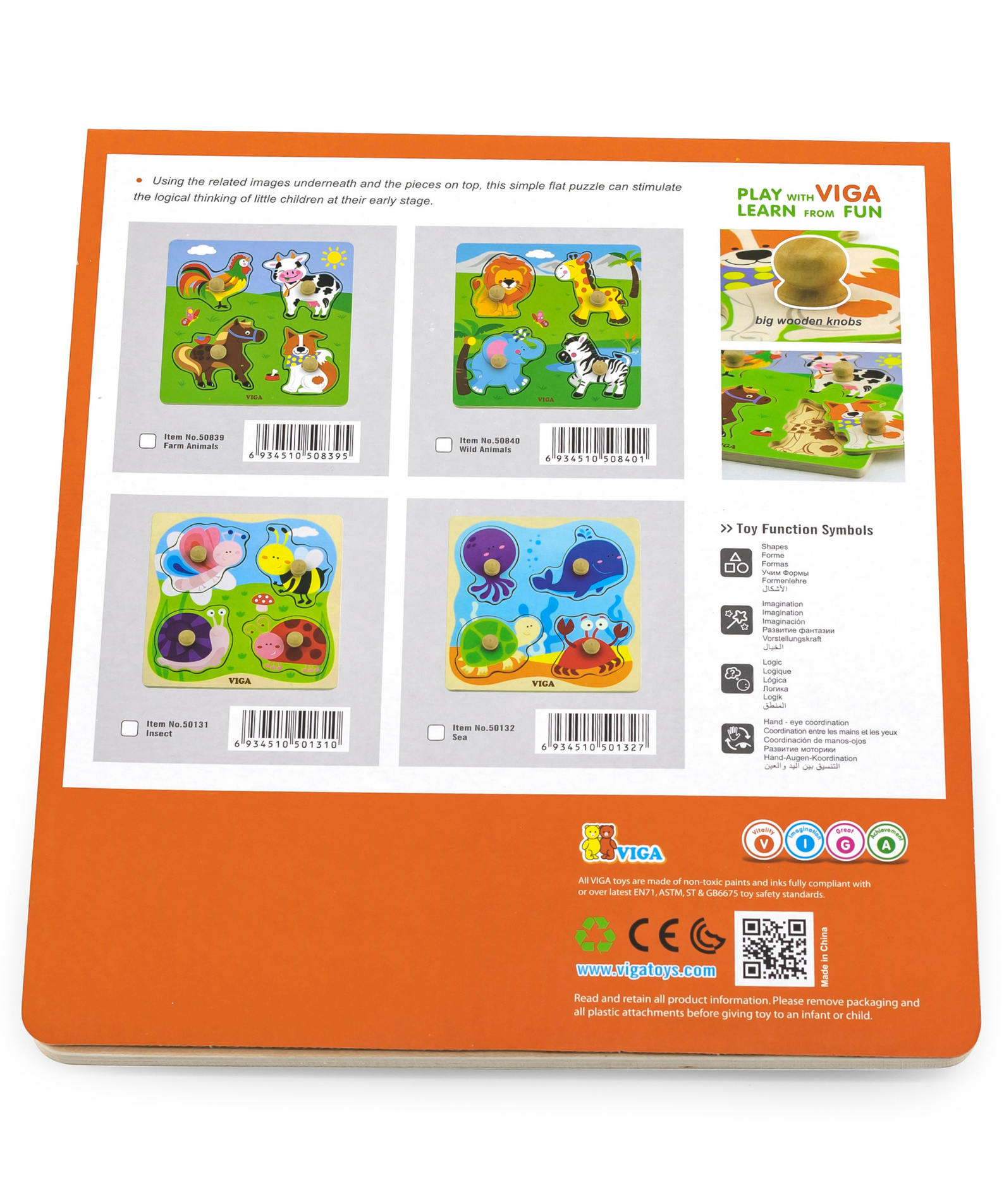 Viga Wild Animals, 4 Piece Knob Puzzle, Montessori Wooden Toy, Develops Sensory, Cognitive & Fine Motor Skills, Non-Toxic & Eco-friendly Kids Educational Toy, Suitable for Boys and Girls Aged 12m+