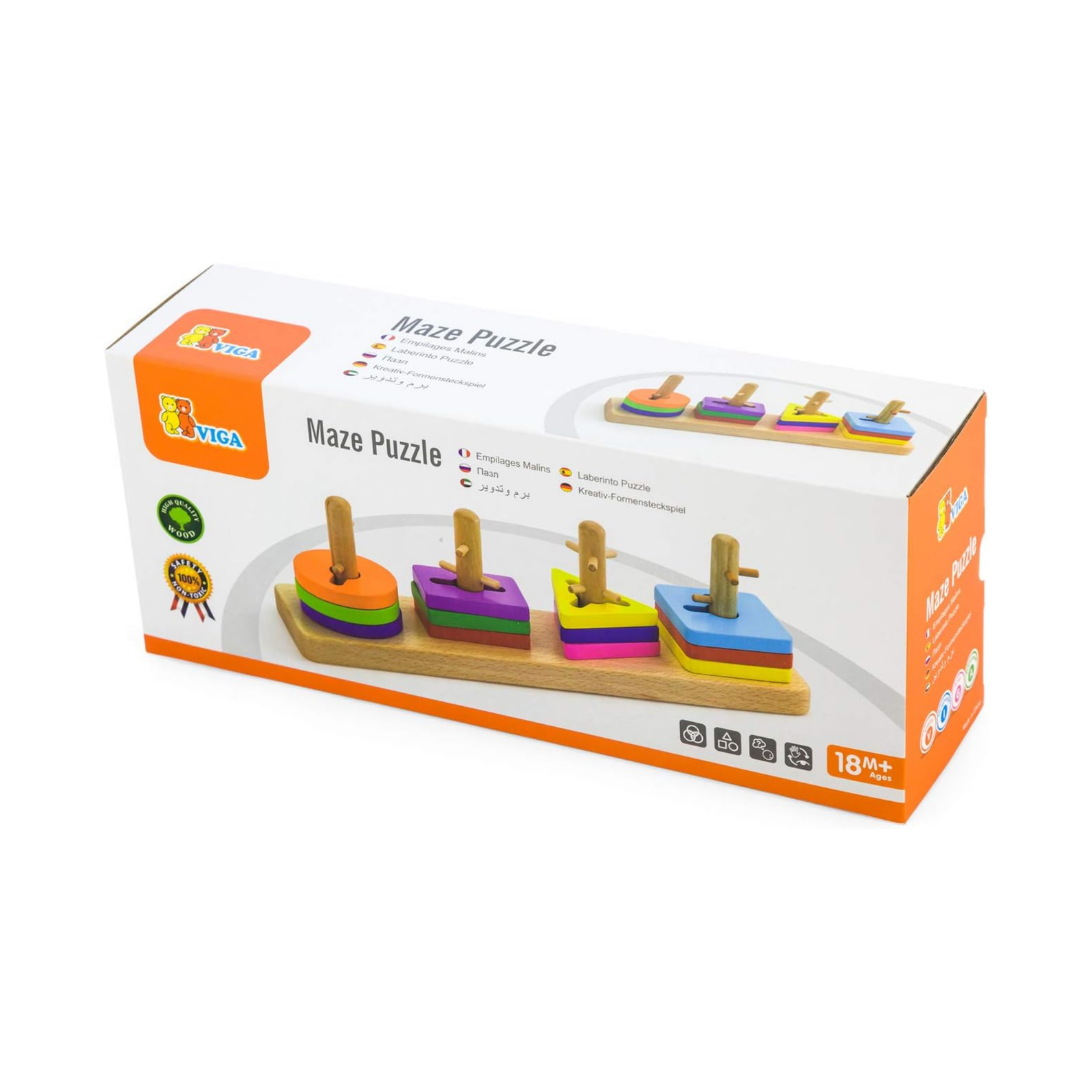 Viga Blocks with Shape Sorter Maza Puzzle – Wooden Shape Sorting & Stacking Set