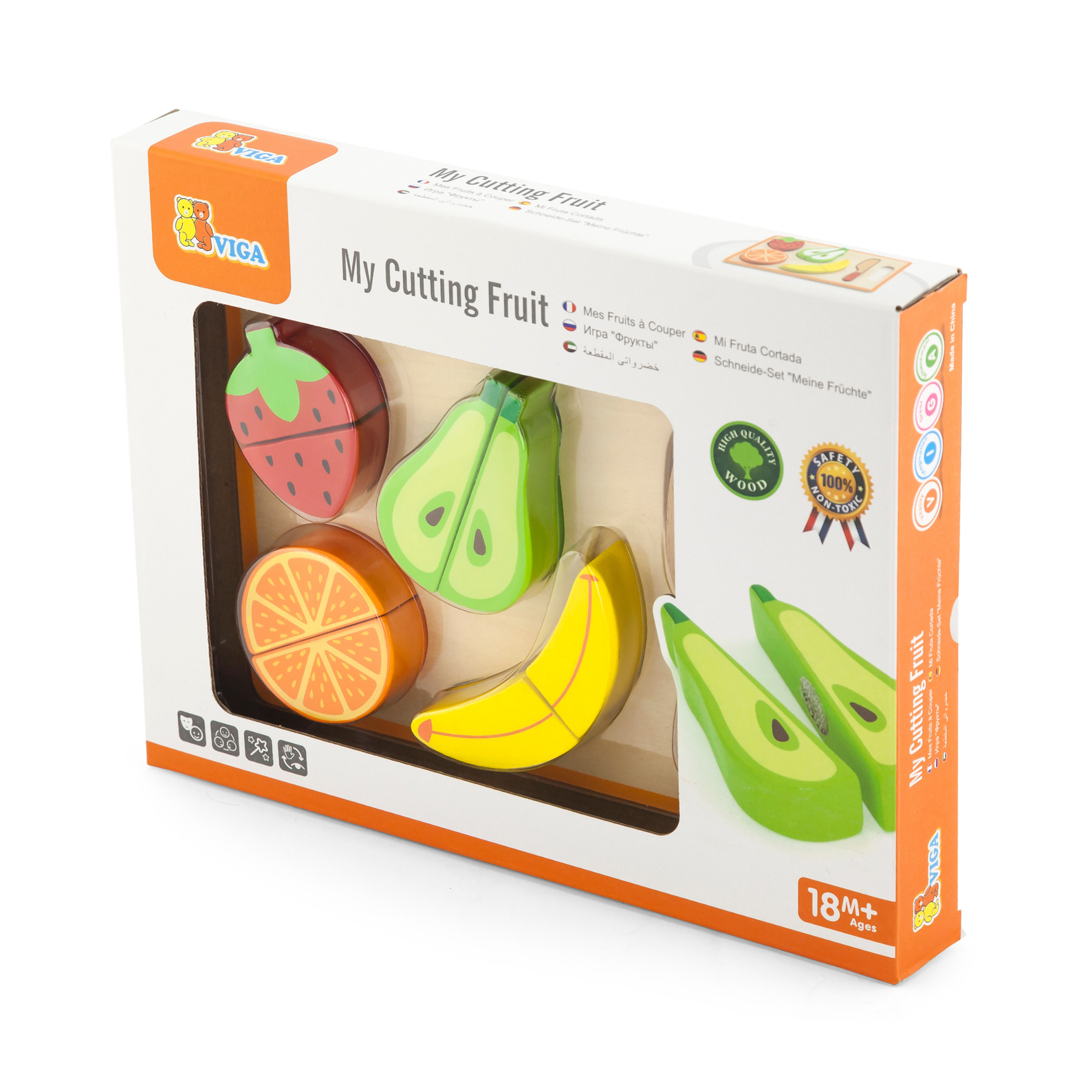 VIGA My Cutting Fruit Wooden Playset for Toddlers, Montessori Roleplay Toy with Cutting Board, Knife and Velcro Fruits, Early Learning Kitchen Set for Kids 18 Months+