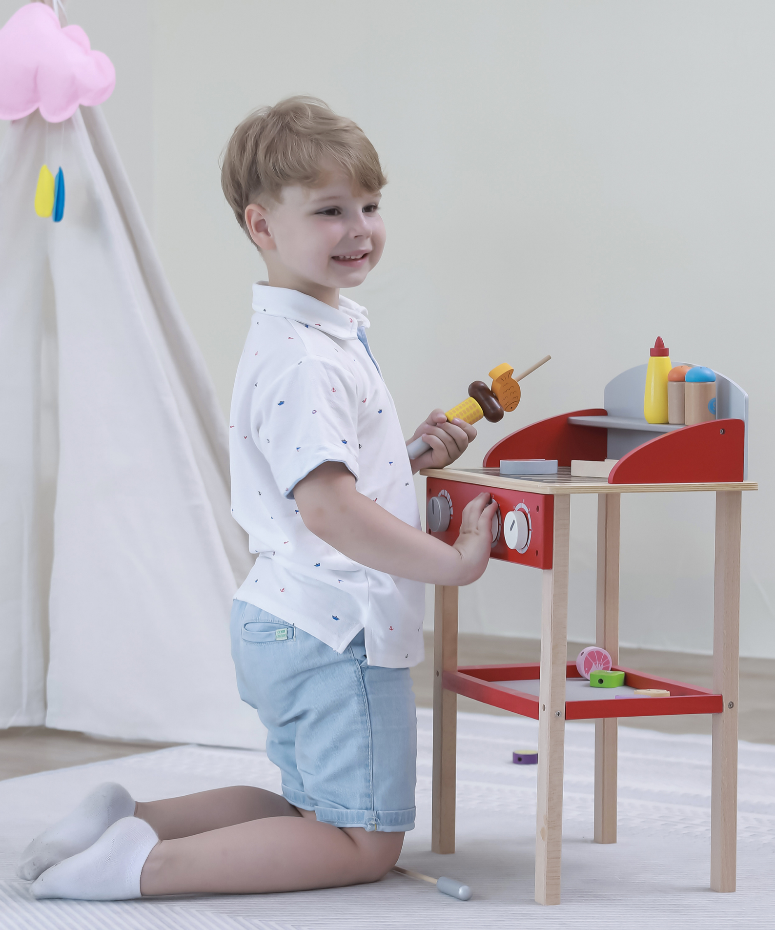 VIGA Wooden Standing BBQ Pretend Play Set for Kids  Age 3 to 6 Years