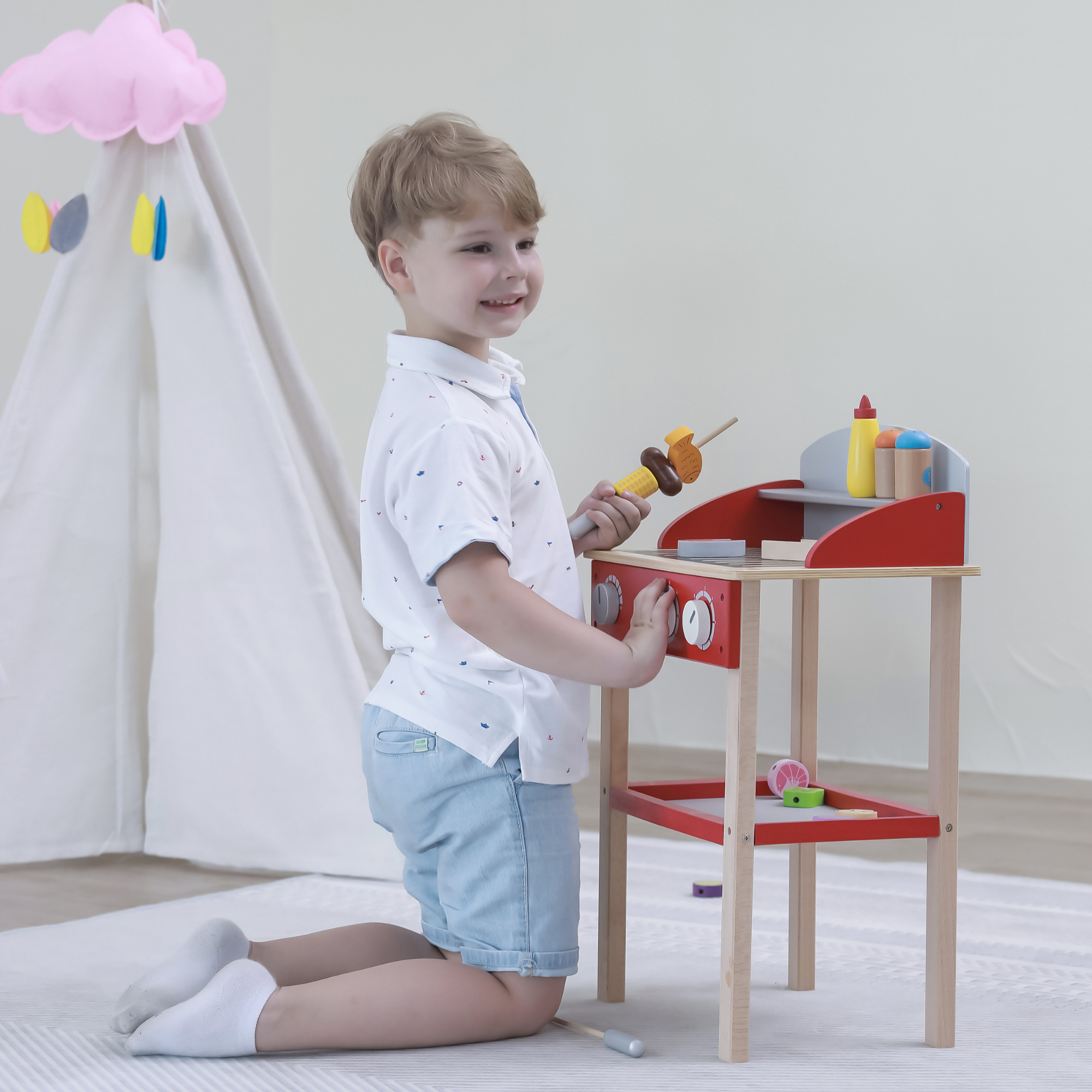 VIGA Wooden Standing BBQ Pretend Play Set for Kids  Age 3 to 6 Years