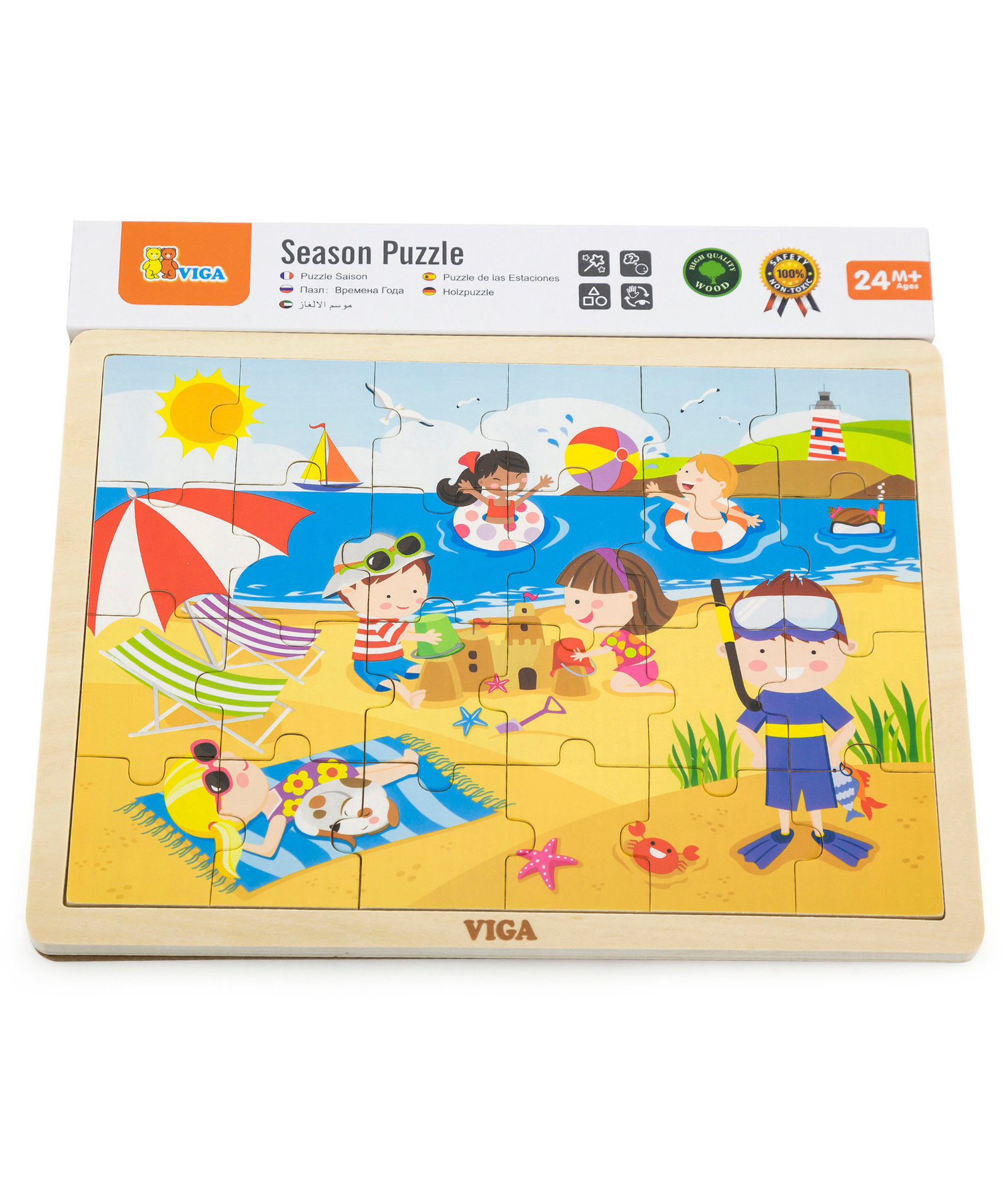 Viga Summer, Seasonal, 24 Piece Jigsaw Puzzle, Montessori Wooden Toy, Develops Sensory, Cognitive & Fine Motor Skills, Non-Toxic & Eco-friendly Kids Educational Toy, Suitable for Children Aged 2Y+