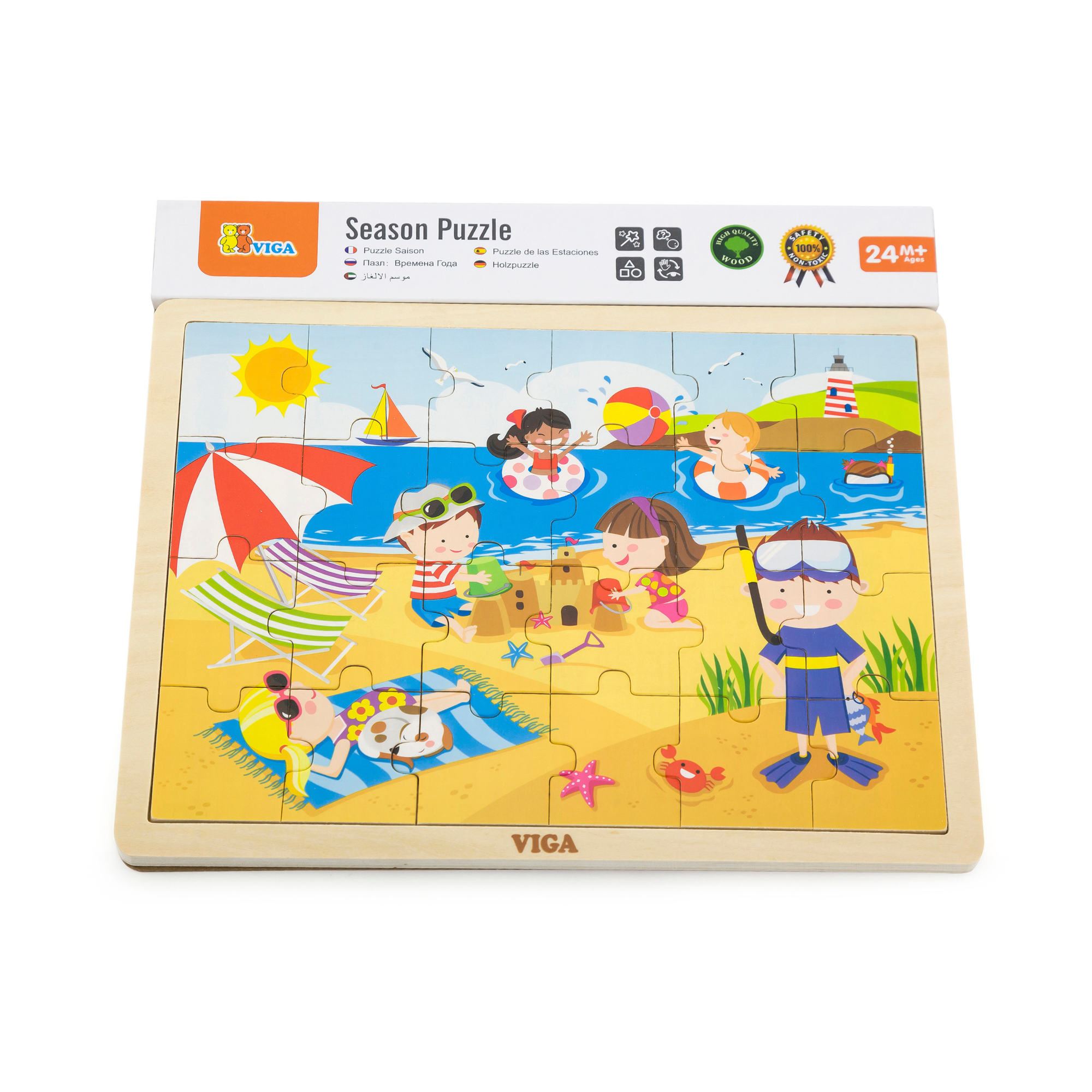 Viga Summer, Seasonal, 24 Piece Jigsaw Puzzle, Montessori Wooden Toy, Develops Sensory, Cognitive & Fine Motor Skills, Non-Toxic & Eco-friendly Kids Educational Toy, Suitable for Children Aged 2Y+