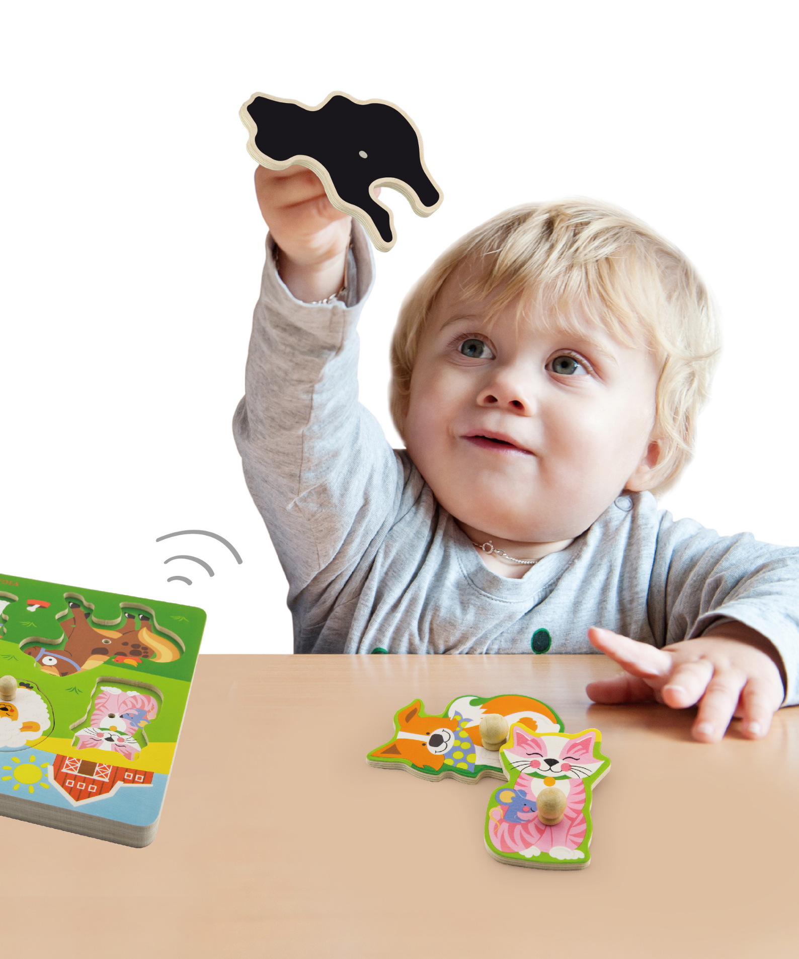Viga Farm Animals, 7 Piece Knob Puzzle with Sound, Montessori Wooden Toy, Develops Sensory, Cognitive & Fine Motor Skills, Non-Toxic & Eco-friendly Kids Educational Toy, Suitable for Children 18M+