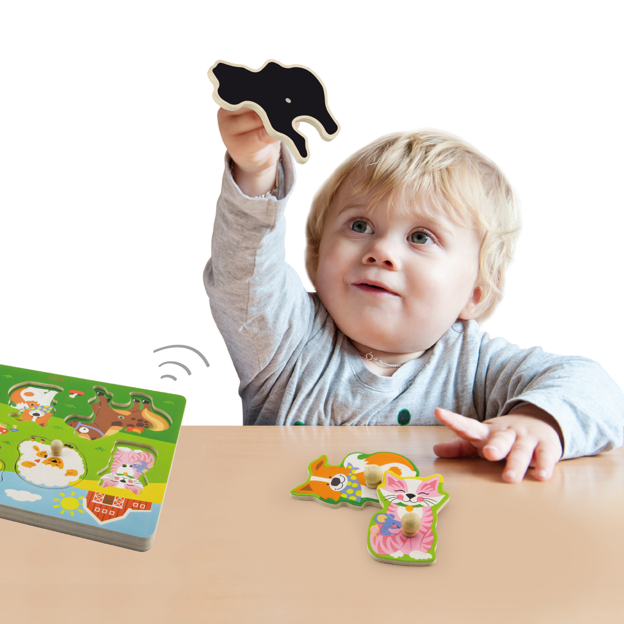 Viga Farm Animals, 7 Piece Knob Puzzle with Sound, Montessori Wooden Toy, Develops Sensory, Cognitive & Fine Motor Skills, Non-Toxic & Eco-friendly Kids Educational Toy, Suitable for Children 18M+