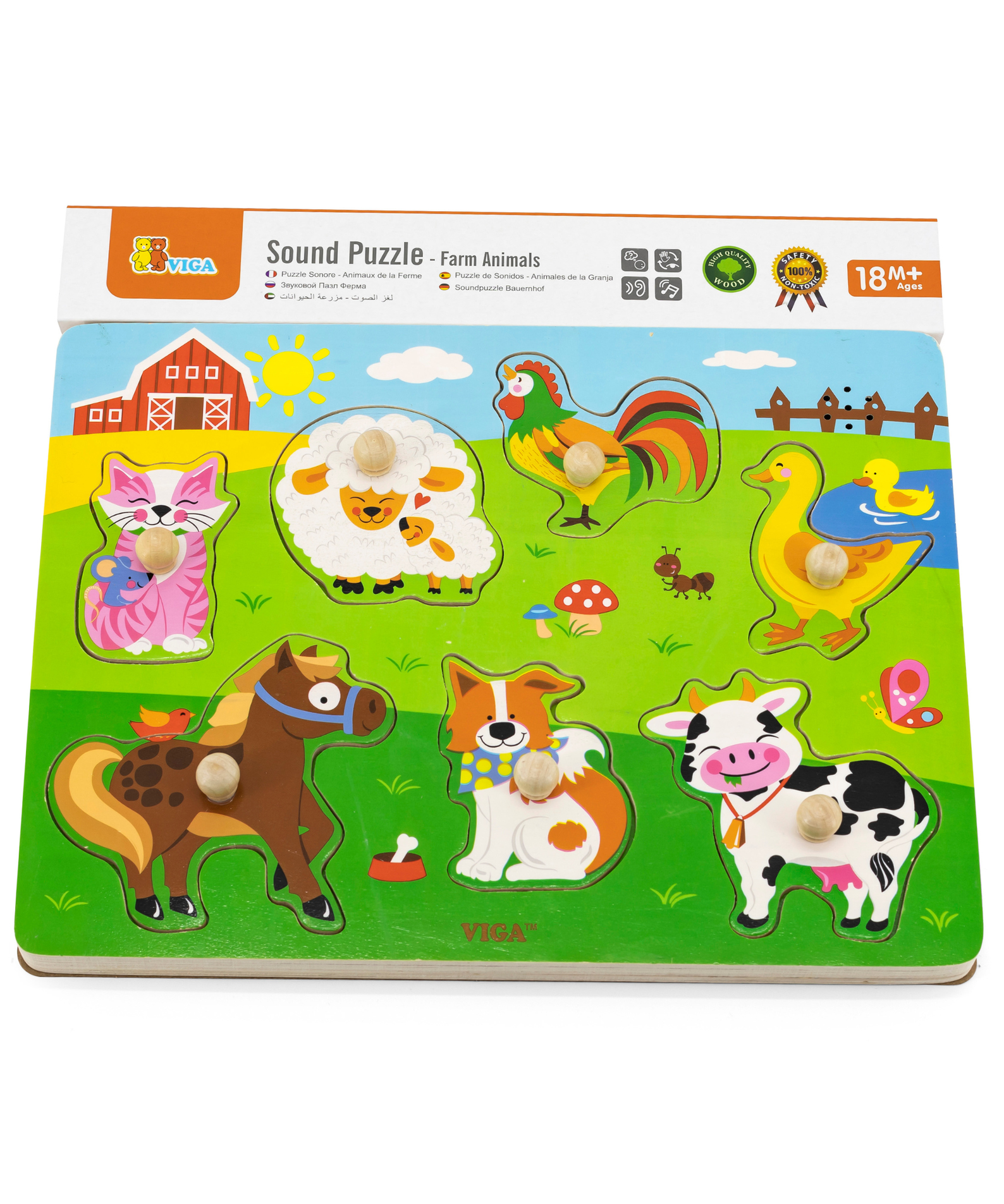 Viga Farm Animals, 7 Piece Knob Puzzle with Sound, Montessori Wooden Toy, Develops Sensory, Cognitive & Fine Motor Skills, Non-Toxic & Eco-friendly Kids Educational Toy, Suitable for Children 18M+