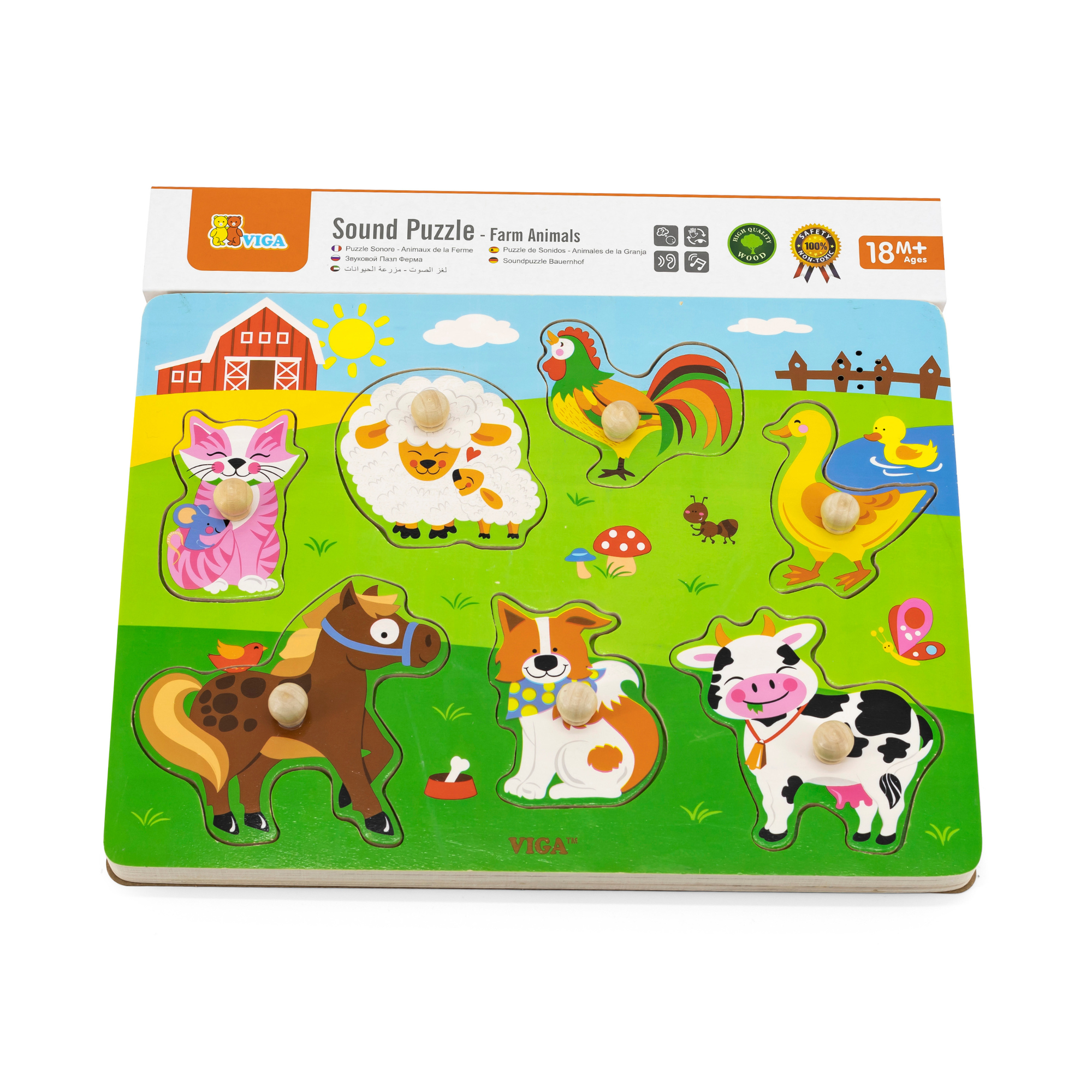 Viga Farm Animals, 7 Piece Knob Puzzle with Sound, Montessori Wooden Toy, Develops Sensory, Cognitive & Fine Motor Skills, Non-Toxic & Eco-friendly Kids Educational Toy, Suitable for Children 18M+