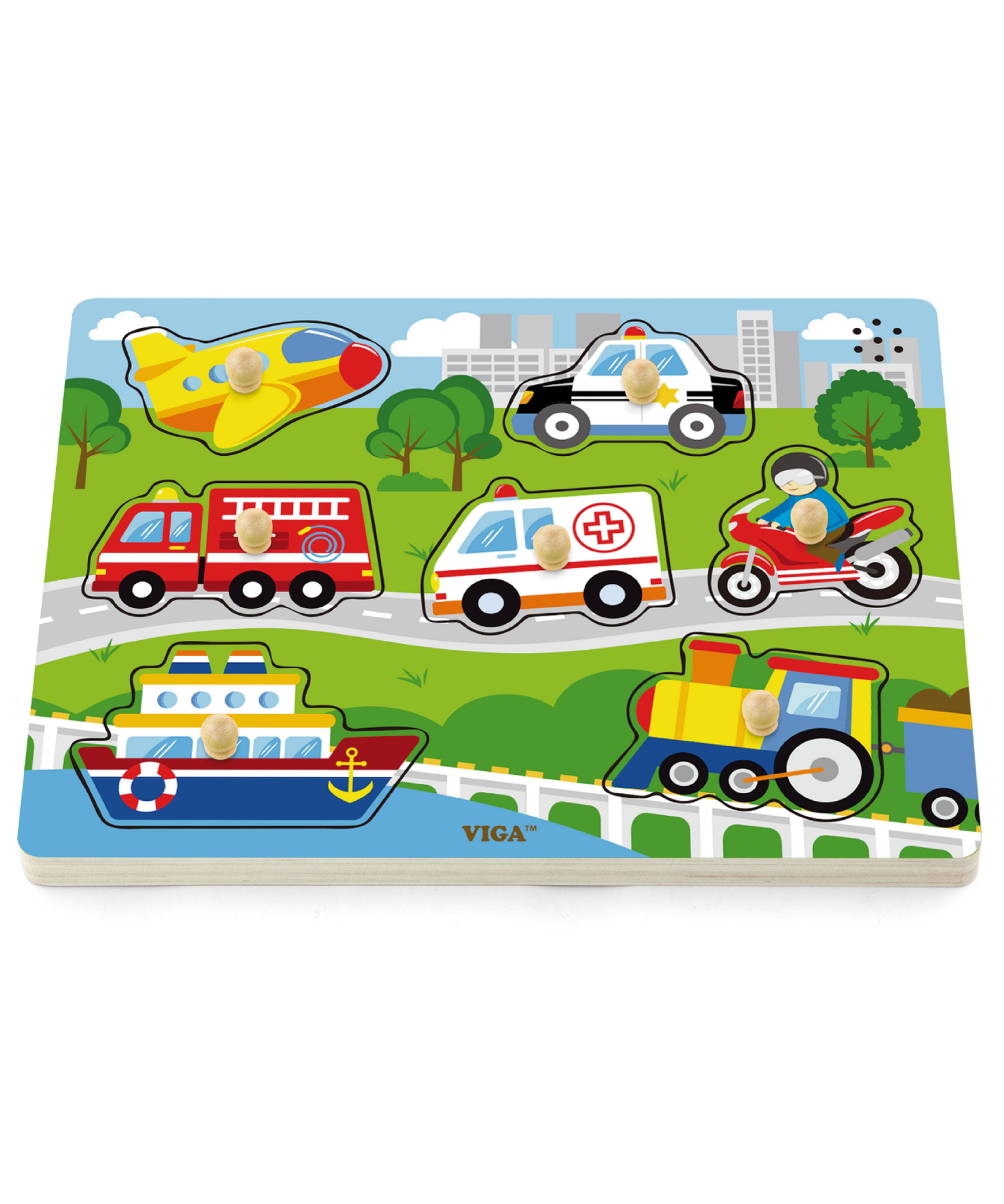 Viga Transportation, 7 Piece Block Puzzle with Sound, Montessori Wooden Toy, Develops Sensory, Cognitive & Fine Motor Skills, Non-Toxic & Eco-friendly Kids Educational Toy, Suitable for Children 18M+