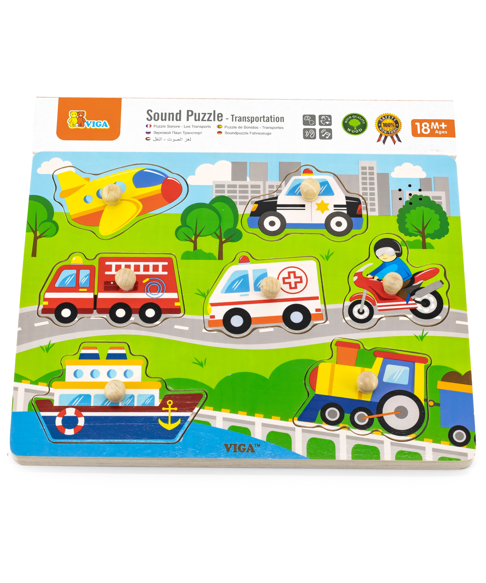 Viga Transportation, 7 Piece Block Puzzle with Sound, Montessori Wooden Toy, Develops Sensory, Cognitive & Fine Motor Skills, Non-Toxic & Eco-friendly Kids Educational Toy, Suitable for Children 18M+
