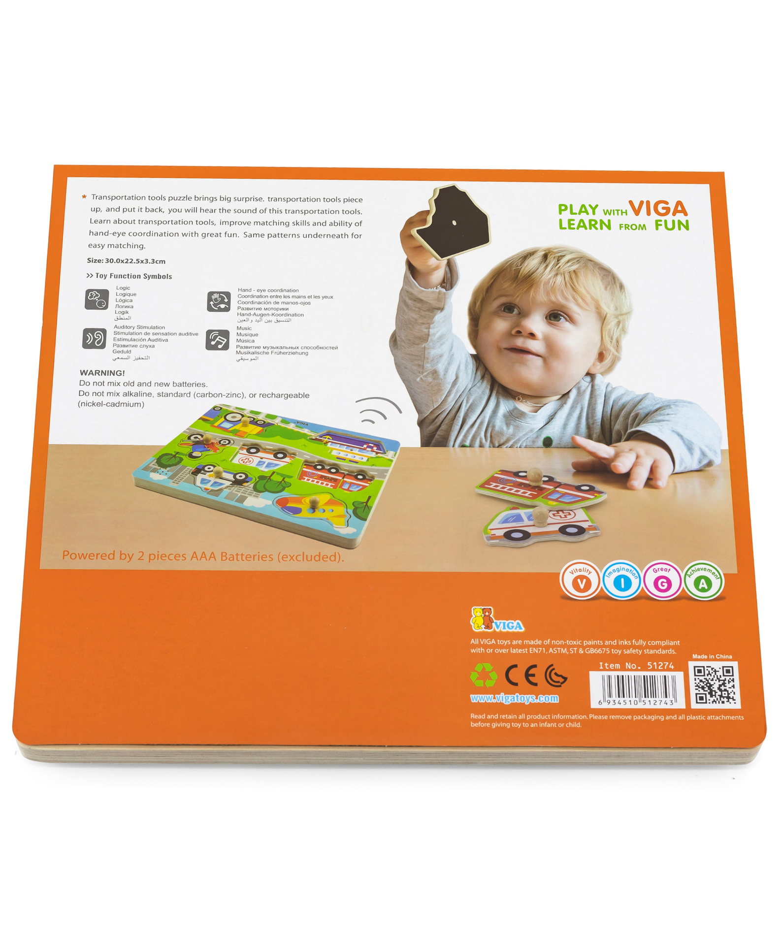 Viga Transportation, 7 Piece Block Puzzle with Sound, Montessori Wooden Toy, Develops Sensory, Cognitive & Fine Motor Skills, Non-Toxic & Eco-friendly Kids Educational Toy, Suitable for Children 18M+