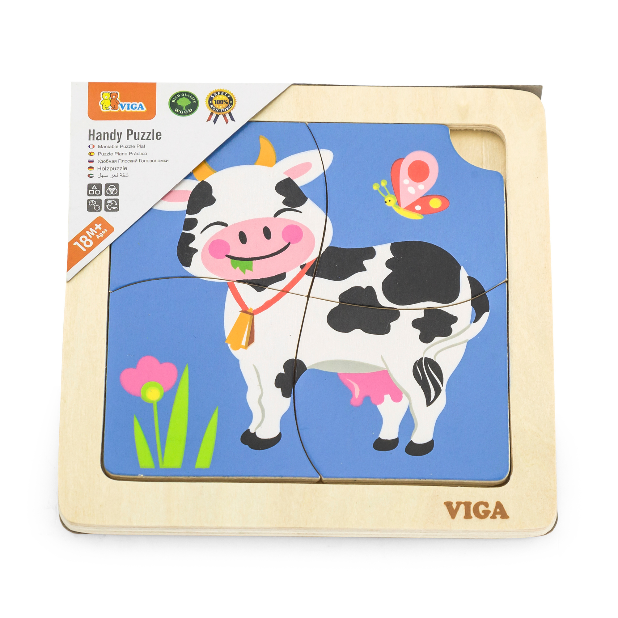 Viga Cow, 4 Piece Block Puzzle, Montessori Wooden Toy, Develops Sensory, Cognitive & Fine Motor Skills, Non-Toxic & Eco-friendly Kids Educational Toy, Suitable for Boys and Girls Aged 12M+