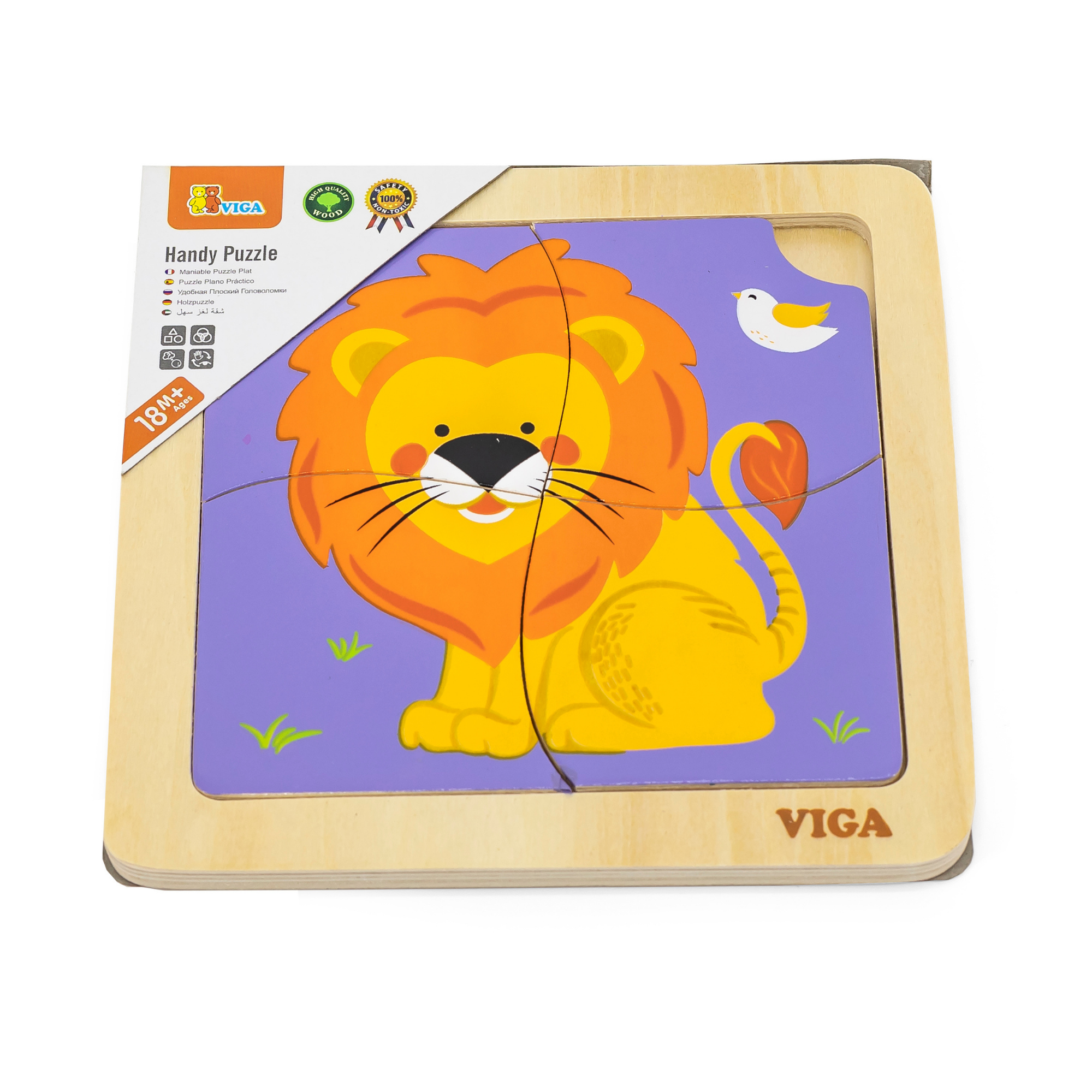 Viga Lion, 4 Piece Block Puzzle, Montessori Wooden Toy, Develops Sensory, Cognitive & Fine Motor Skills, Non-Toxic & Eco-friendly Kids Educational Toy, Suitable for Boys and Girls Aged 12M+