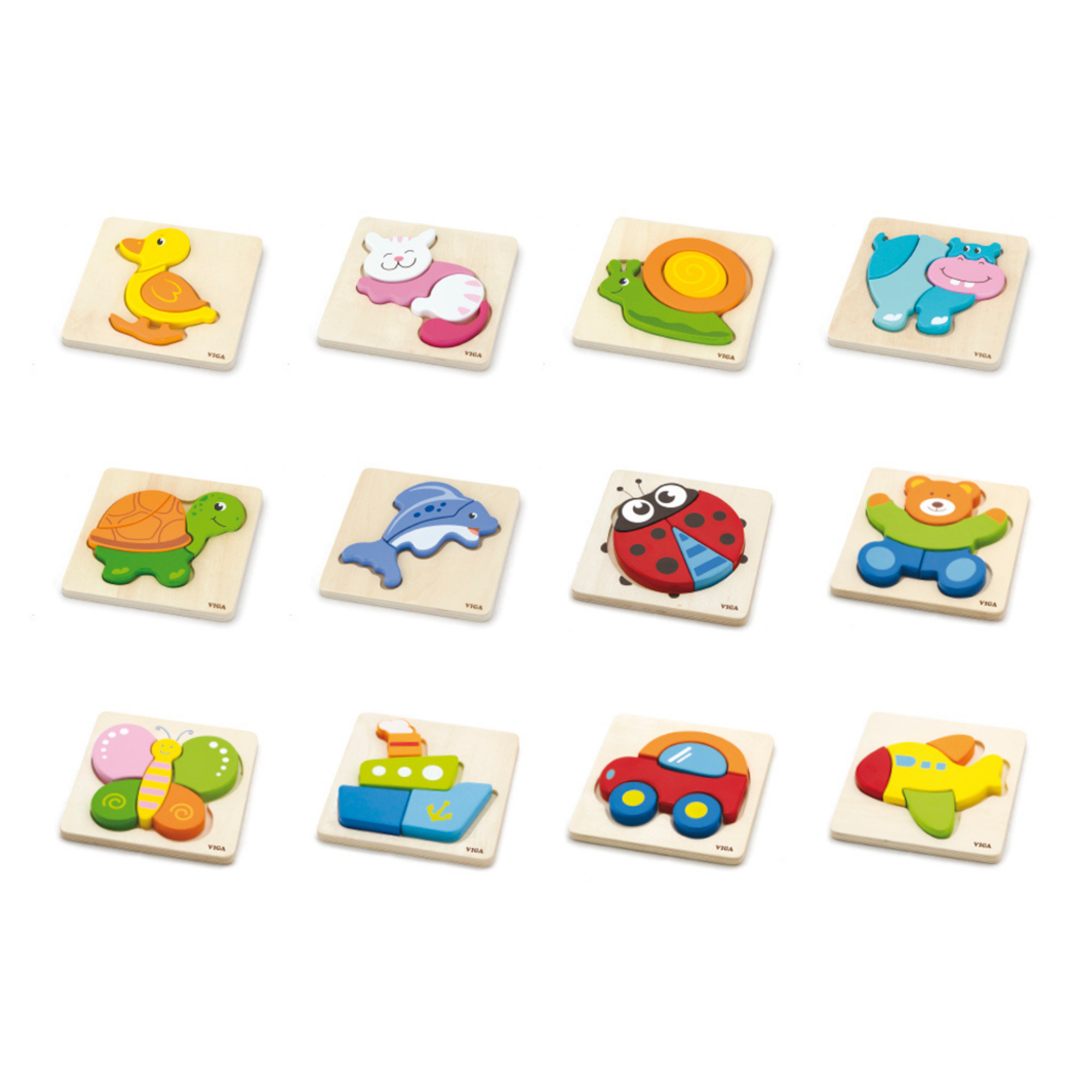 Viga Set of 12, 4-5 Piece Block Puzzle, Montessori Wooden Toy, Develops Sensory, Cognitive & Fine Motor Skills, Non-Toxic & Eco-friendly Kids Educational Toy, Suitable for Boys and Girls Aged 18M+