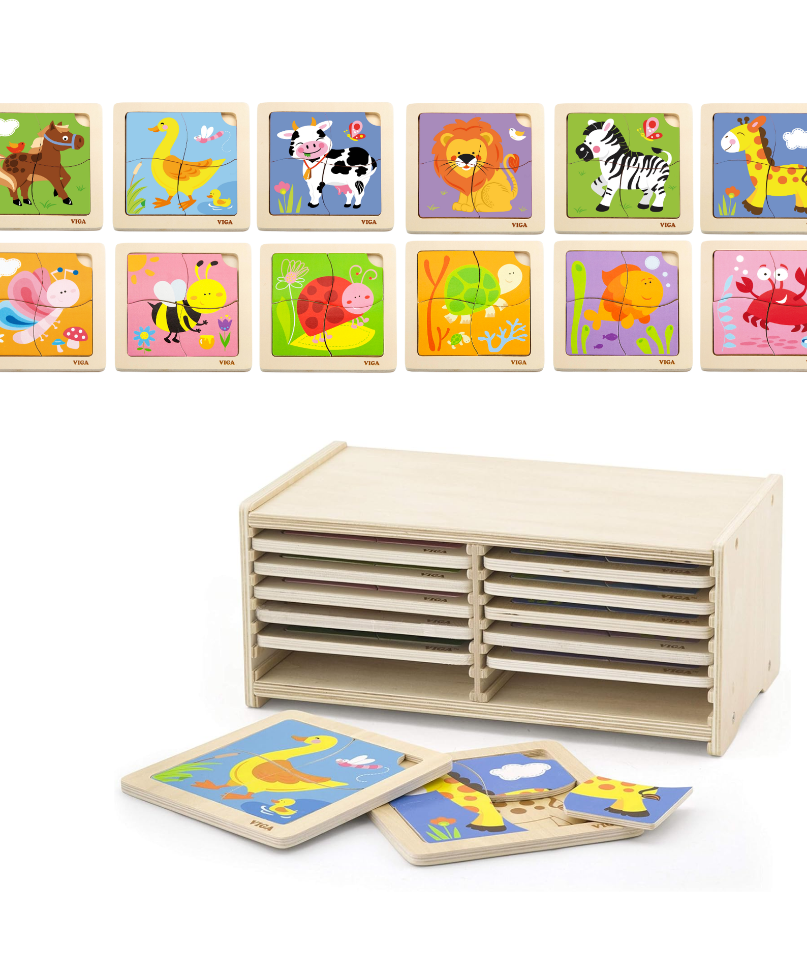Viga Set of 12, 4 Piece Block Puzzle, Montessori Wooden Toy, Develops Sensory, Cognitive & Fine Motor Skills, Non-Toxic & Eco-friendly Kids Educational Toy, Suitable for Boys and Girls Aged 18M+