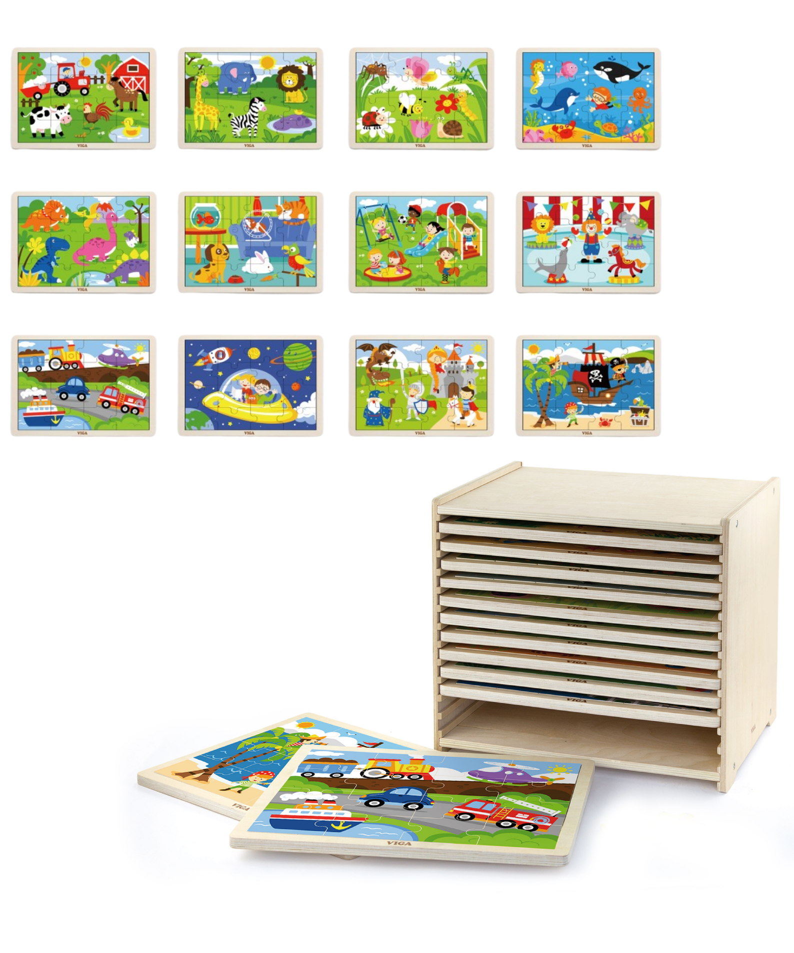 Viga Set of 12, 16 Piece Jigsaw Puzzle, Montessori Wooden Toy, Develops Sensory, Cognitive & Fine Motor Skills, Non-Toxic & Eco-friendly Kids Educational Toy, Suitable for Boys and Girls Aged 2Y+