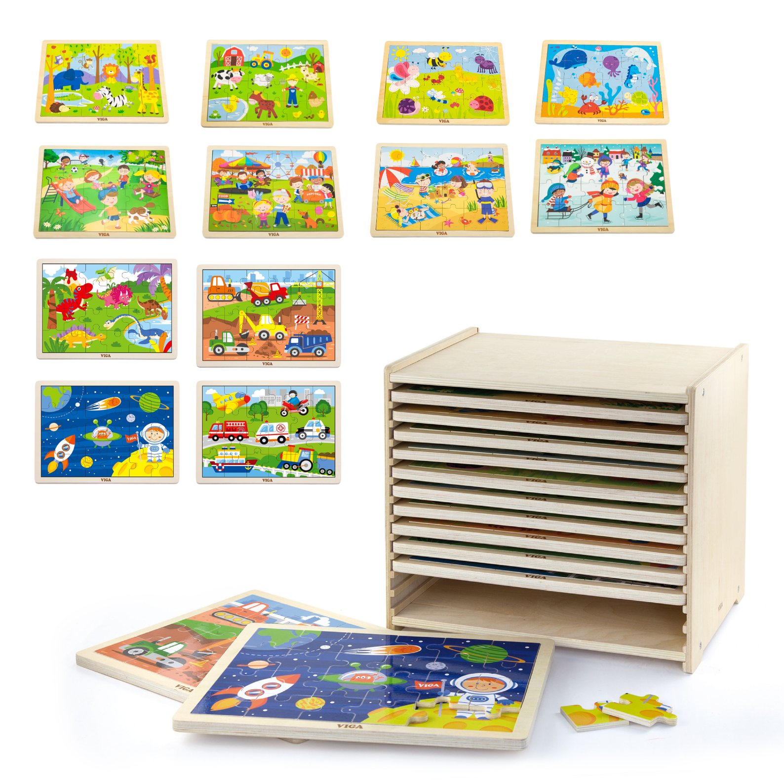 Viga Set of 12, 24 Piece Jigsaw Puzzle, Montessori Wooden Toy, Develops Sensory, Cognitive & Fine Motor Skills, Non-Toxic & Eco-friendly Kids Educational Toy, Suitable for Boys and Girls Aged 2Y+
