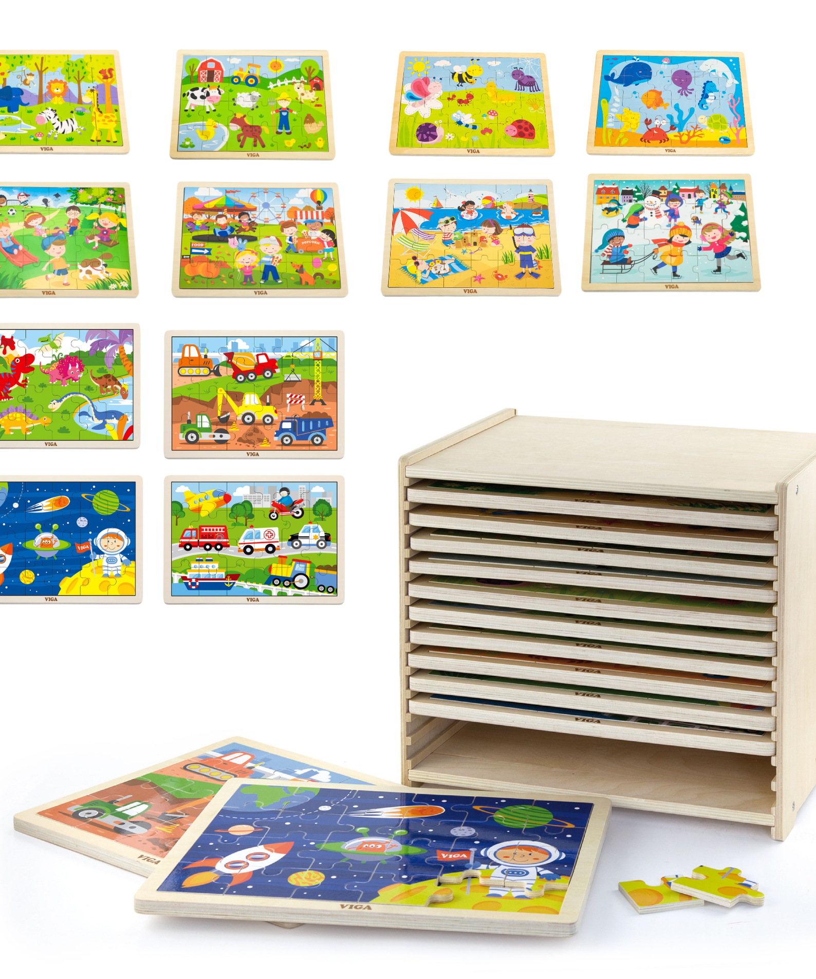 Viga Set of 12, 24 Piece Jigsaw Puzzle, Montessori Wooden Toy, Develops Sensory, Cognitive & Fine Motor Skills, Non-Toxic & Eco-friendly Kids Educational Toy, Suitable for Boys and Girls Aged 2Y+