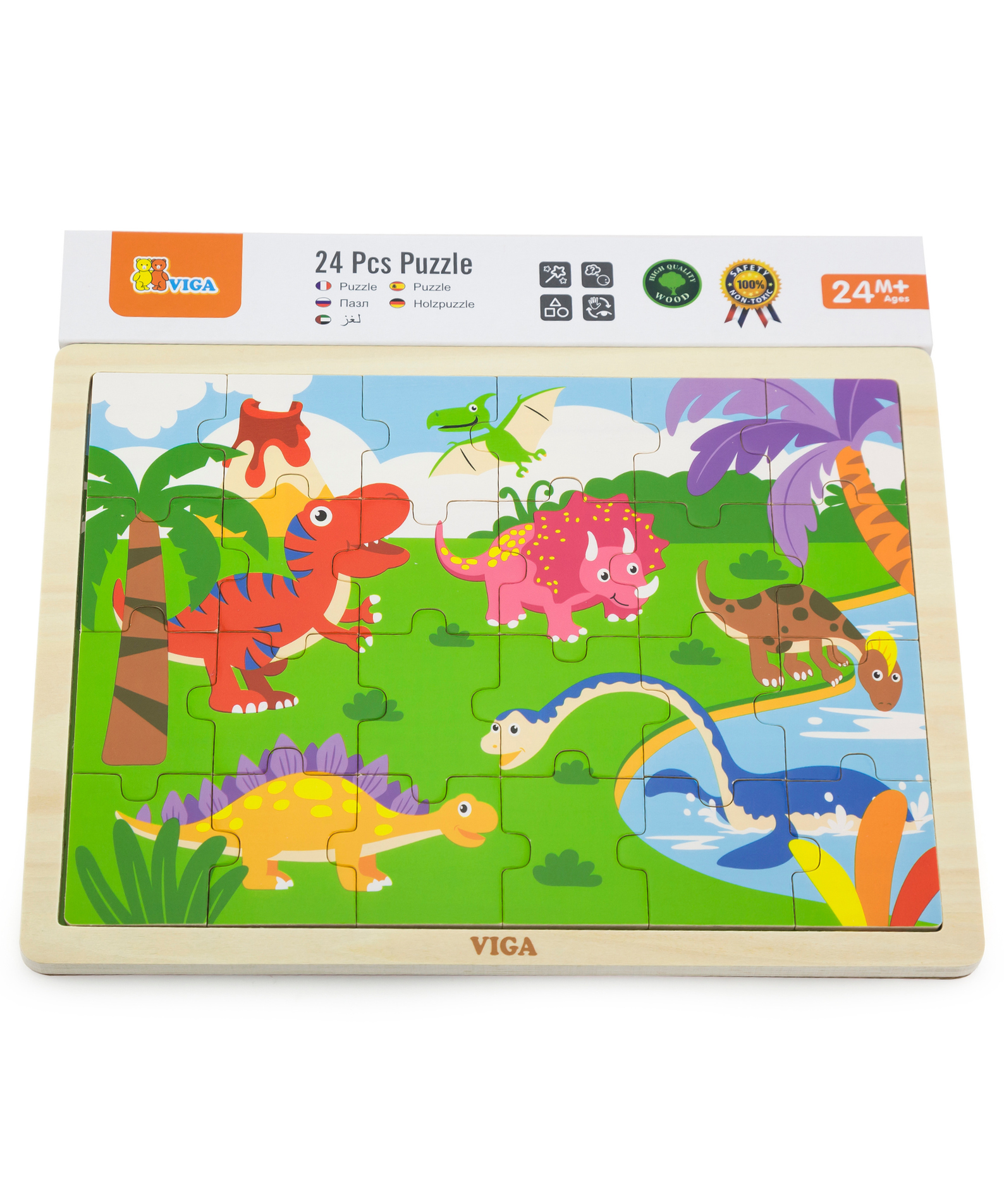 Viga Dinosaurs, 24 Piece Jigsaw Puzzle, Montessori Wooden Toy, Develops Sensory, Cognitive & Fine Motor Skills, Non-Toxic & Eco-friendly Kids Educational Toy, Suitable for Boys and Girls Aged 2Y+