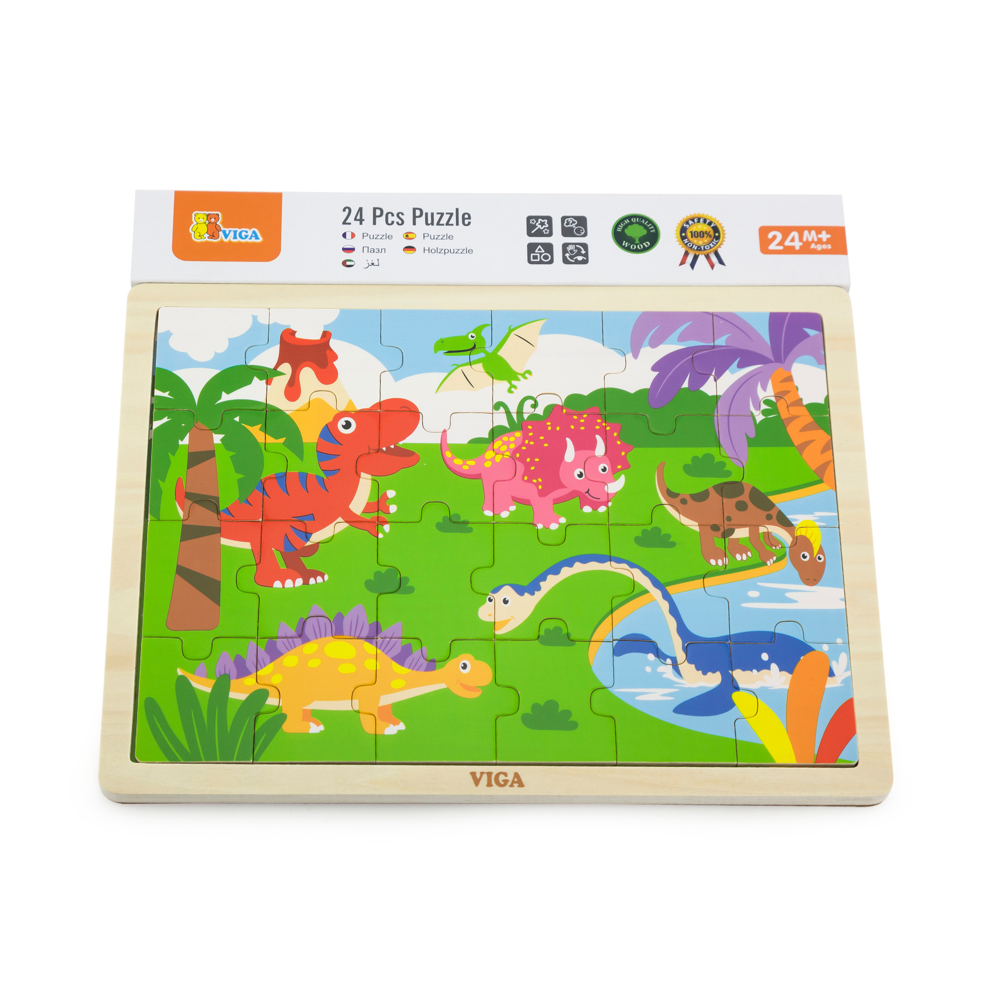 Viga Dinosaurs, 24 Piece Jigsaw Puzzle, Montessori Wooden Toy, Develops Sensory, Cognitive & Fine Motor Skills, Non-Toxic & Eco-friendly Kids Educational Toy, Suitable for Boys and Girls Aged 2Y+