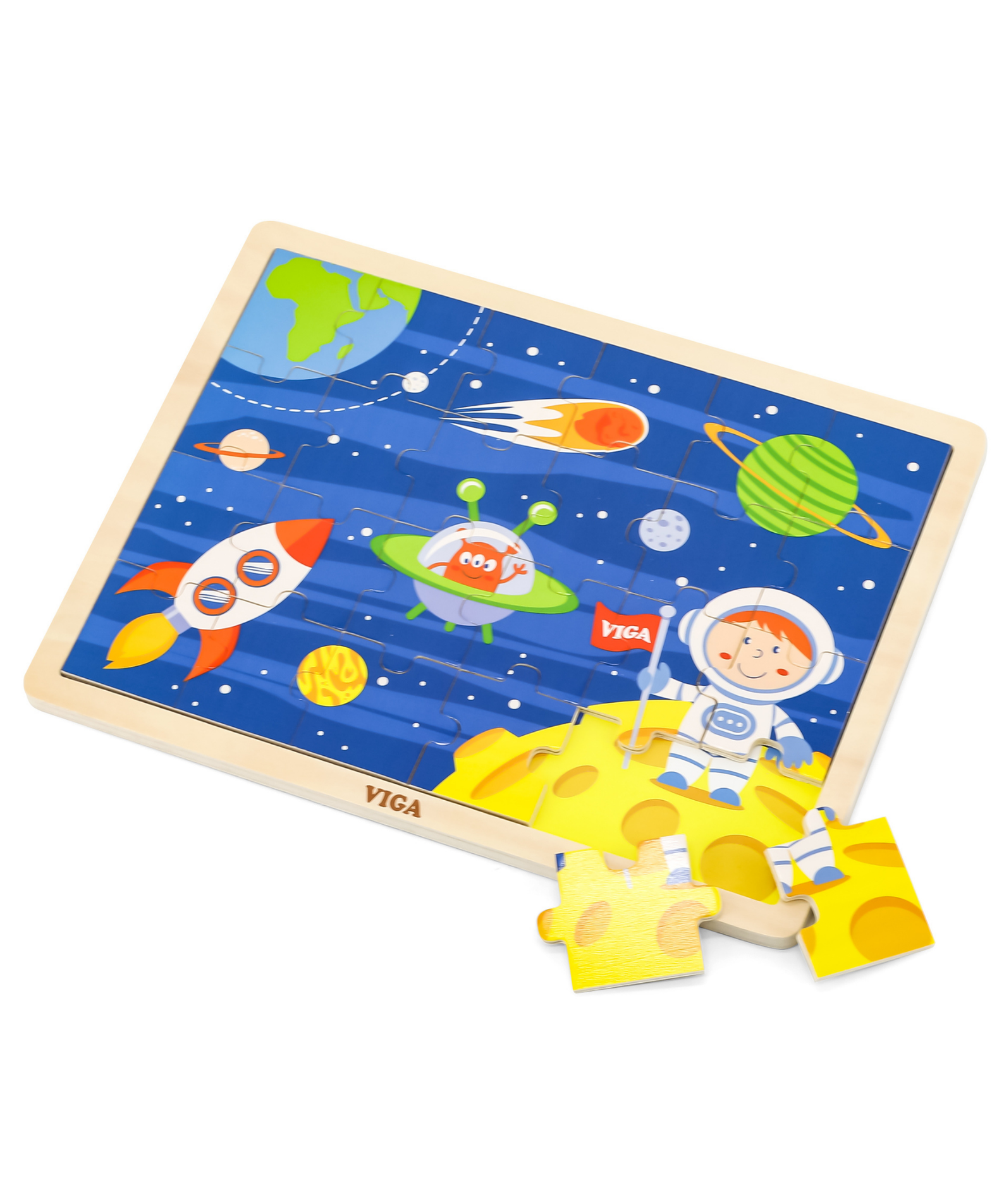 Viga Space Travel, 24 Piece Jigsaw Puzzle, Montessori Wooden Toy, Develops Sensory, Cognitive & Fine Motor Skills, Non-Toxic & Eco-friendly Kids Educational Toy, Suitable for Boys and Girls Aged 2Y+