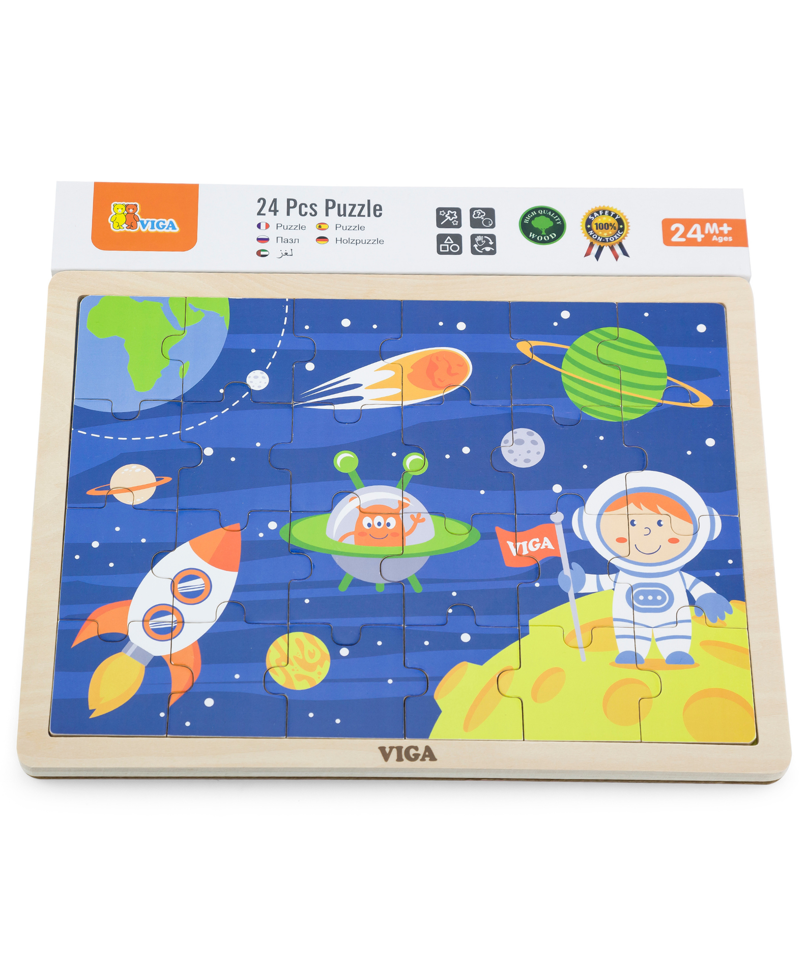 Viga Space Travel, 24 Piece Jigsaw Puzzle, Montessori Wooden Toy, Develops Sensory, Cognitive & Fine Motor Skills, Non-Toxic & Eco-friendly Kids Educational Toy, Suitable for Boys and Girls Aged 2Y+