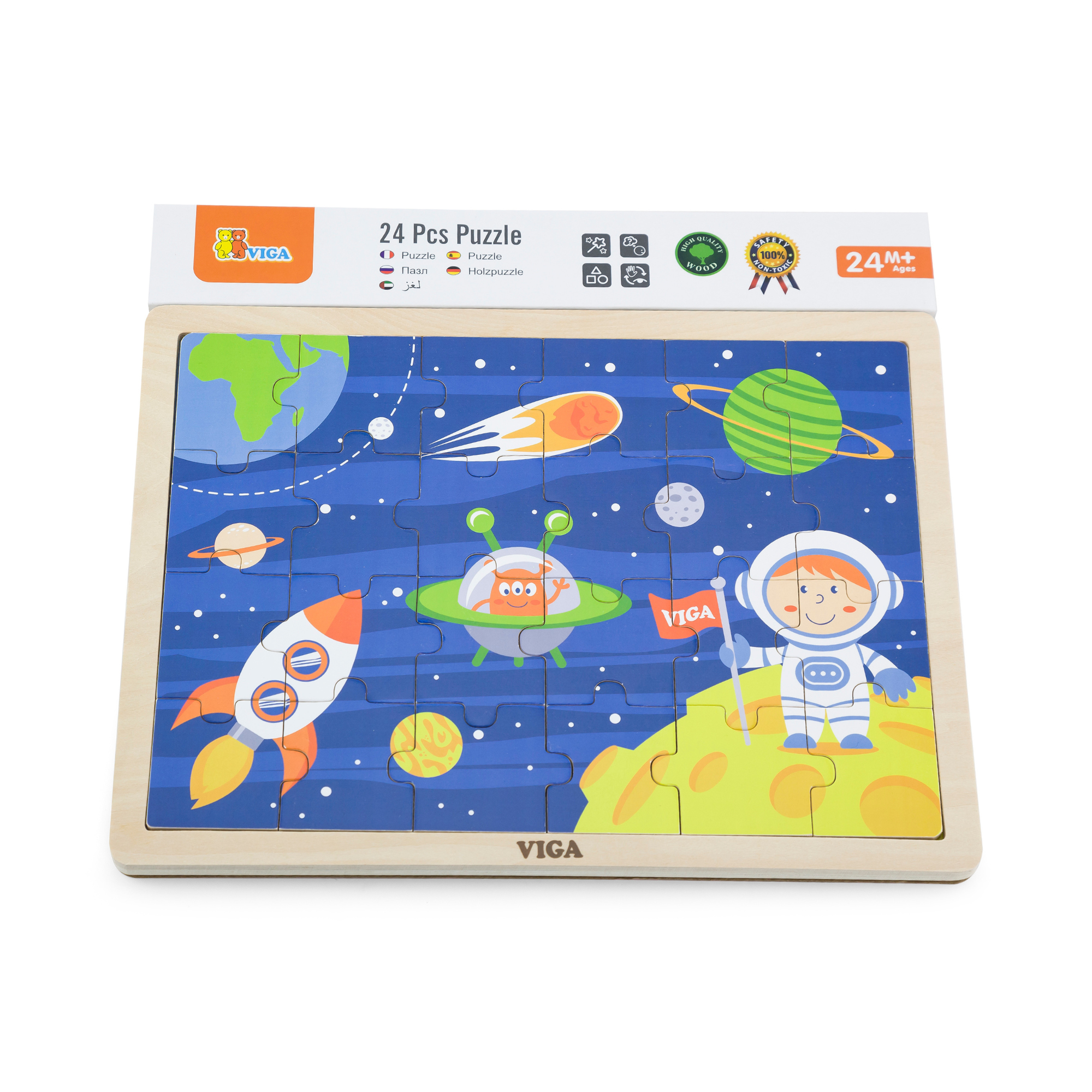 Viga Space Travel, 24 Piece Jigsaw Puzzle, Montessori Wooden Toy, Develops Sensory, Cognitive & Fine Motor Skills, Non-Toxic & Eco-friendly Kids Educational Toy, Suitable for Boys and Girls Aged 2Y+