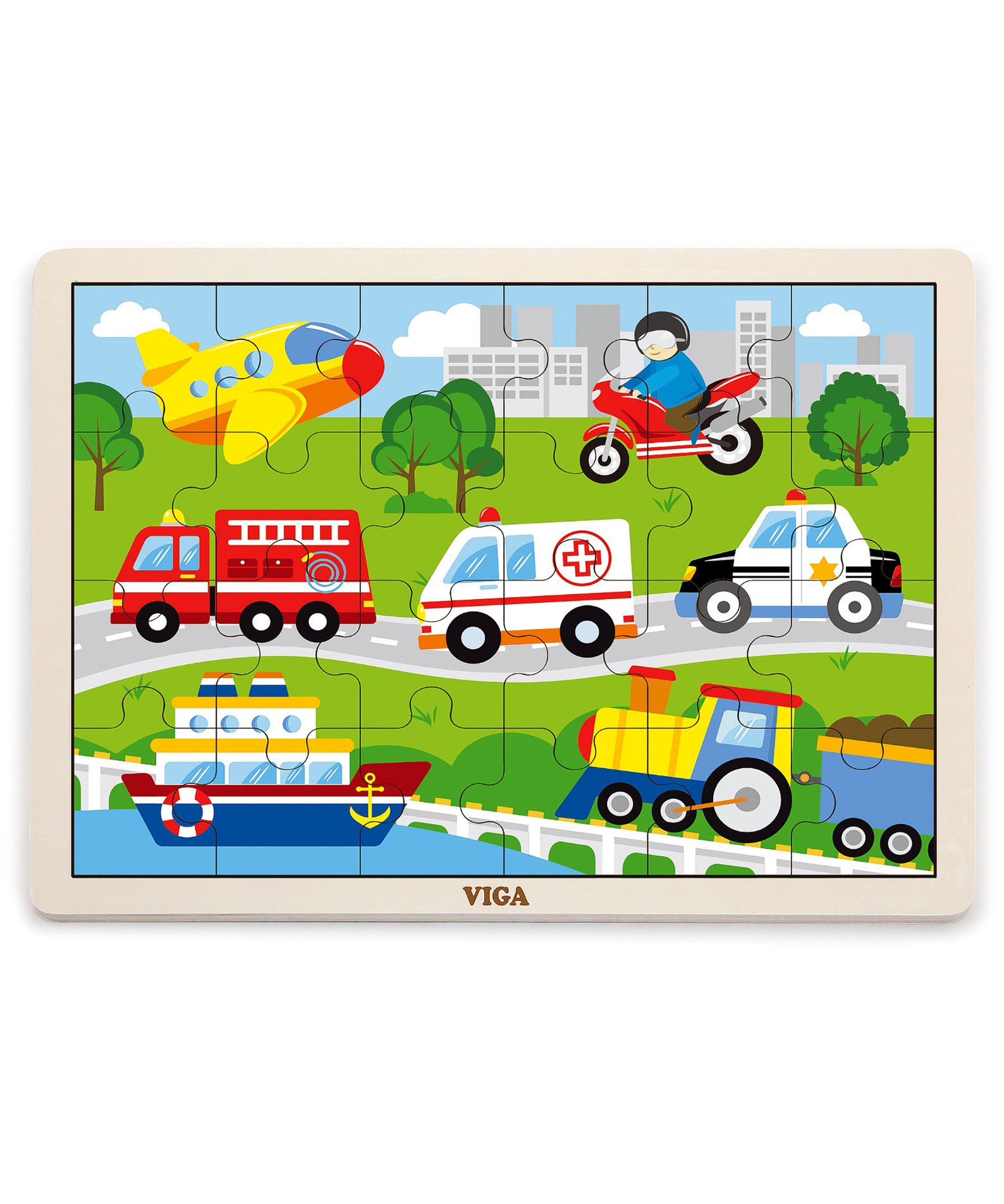 Viga Vehicles, 24 Piece Jigsaw Puzzle, Montessori Wooden Toy, Develops Sensory, Cognitive & Fine Motor Skills, Non-Toxic & Eco-friendly Kids Educational Toy, Suitable for Boys and Girls Aged 2Y+