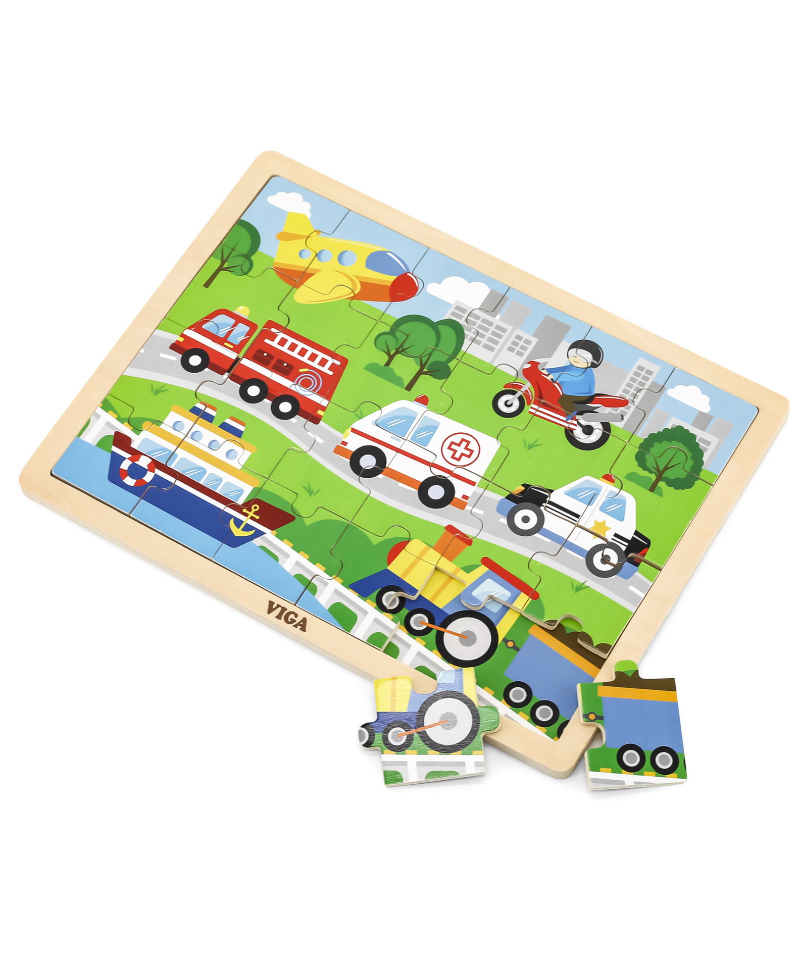 Viga Vehicles, 24 Piece Jigsaw Puzzle, Montessori Wooden Toy, Develops Sensory, Cognitive & Fine Motor Skills, Non-Toxic & Eco-friendly Kids Educational Toy, Suitable for Boys and Girls Aged 2Y+