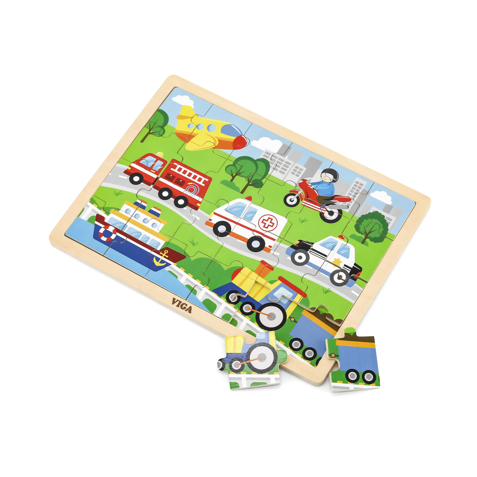 Viga Vehicles, 24 Piece Jigsaw Puzzle, Montessori Wooden Toy, Develops Sensory, Cognitive & Fine Motor Skills, Non-Toxic & Eco-friendly Kids Educational Toy, Suitable for Boys and Girls Aged 2Y+