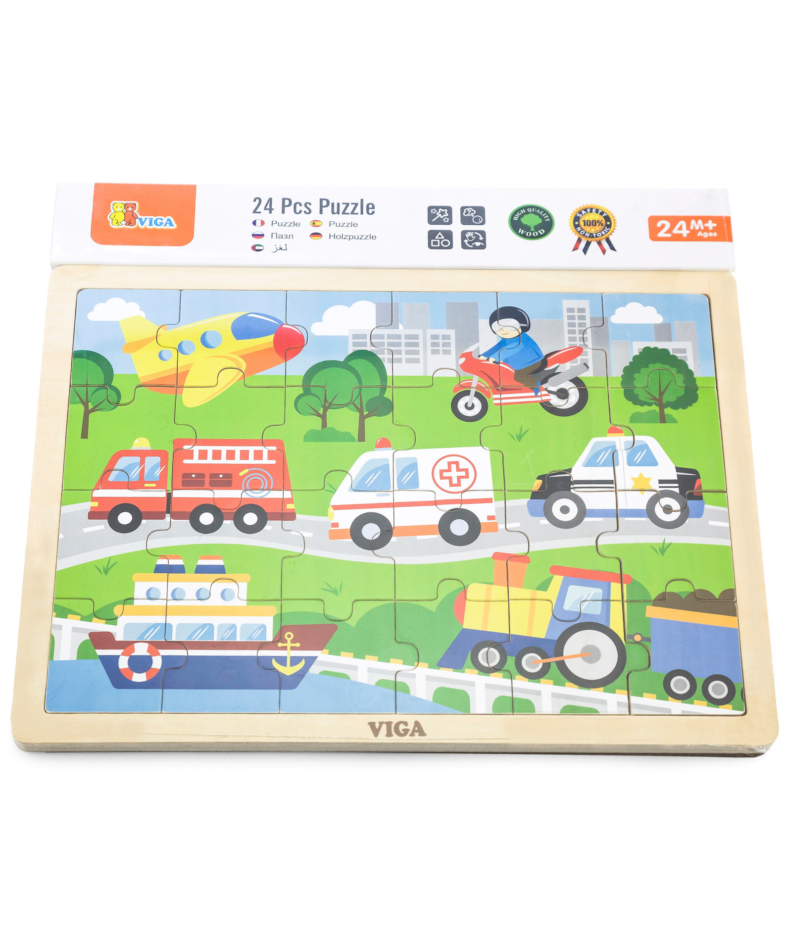 Viga Vehicles, 24 Piece Jigsaw Puzzle, Montessori Wooden Toy, Develops Sensory, Cognitive & Fine Motor Skills, Non-Toxic & Eco-friendly Kids Educational Toy, Suitable for Boys and Girls Aged 2Y+