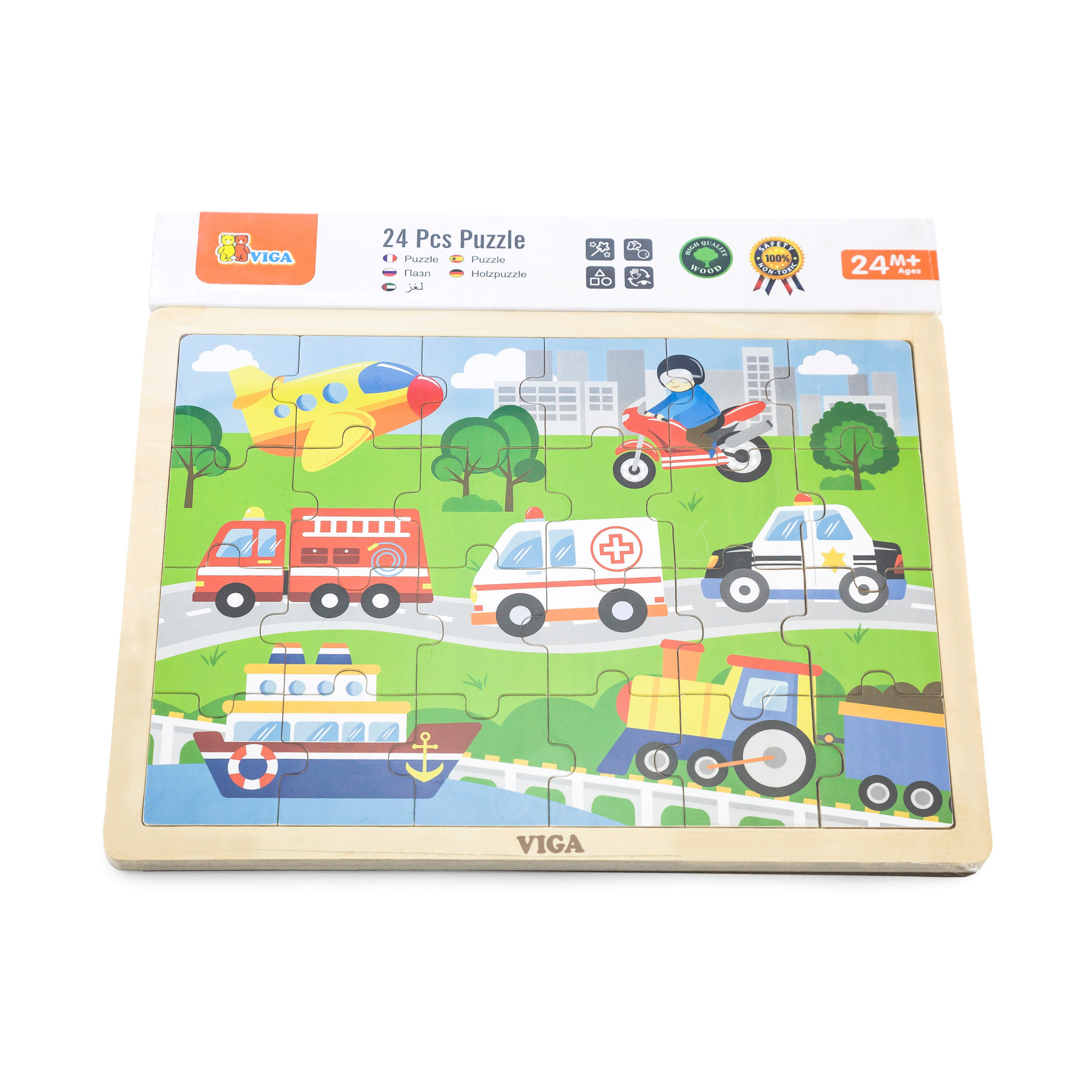 Viga Vehicles, 24 Piece Jigsaw Puzzle, Montessori Wooden Toy, Develops Sensory, Cognitive & Fine Motor Skills, Non-Toxic & Eco-friendly Kids Educational Toy, Suitable for Boys and Girls Aged 2Y+