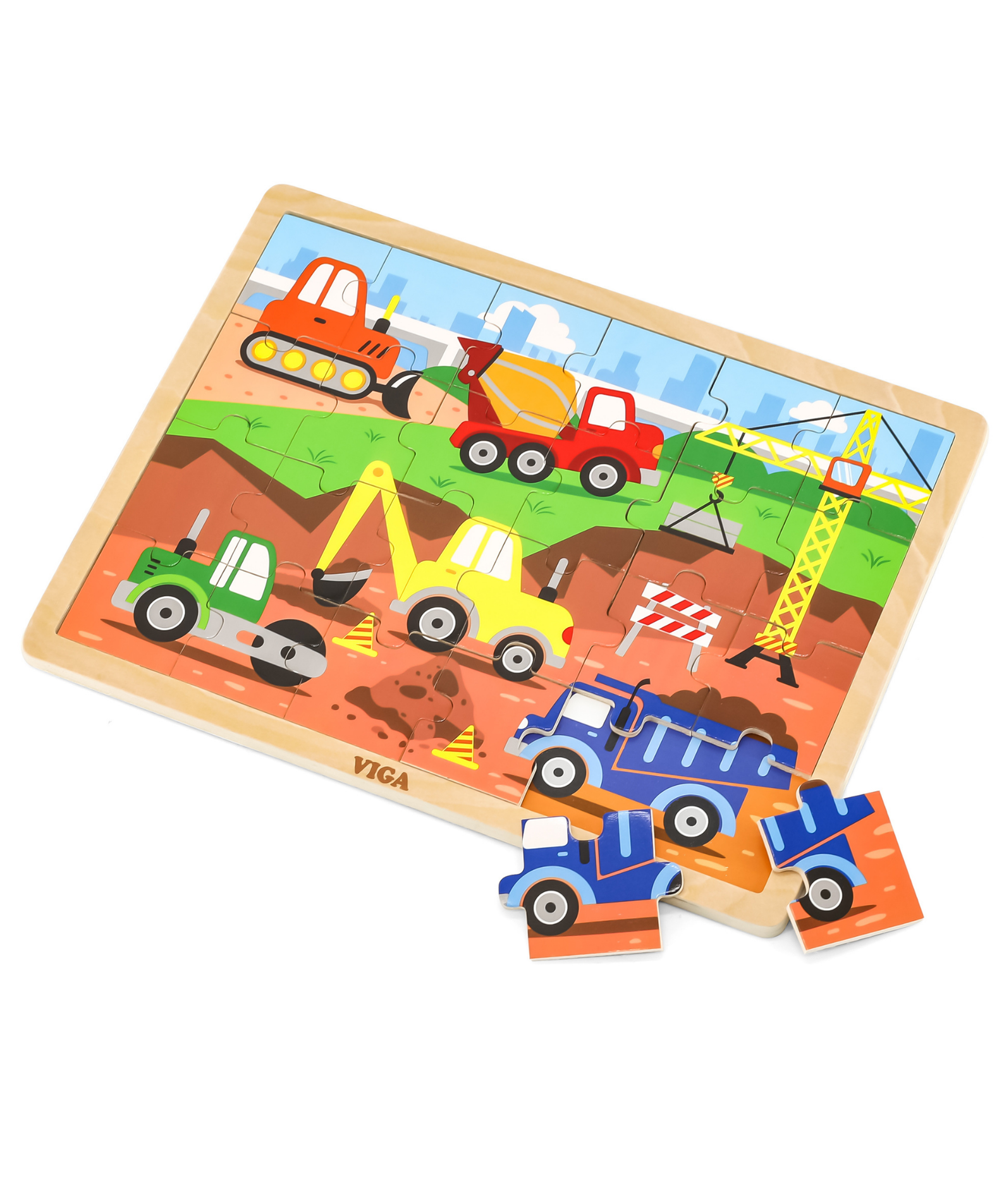 Viga Construction Vehicles, 24 Piece Jigsaw Puzzle, Montessori Wooden Toy, Develops Sensory, Cognitive & Fine Motor Skills, Non-Toxic & Eco-friendly Kids Educational Toy, Suitable for Children 2Y+