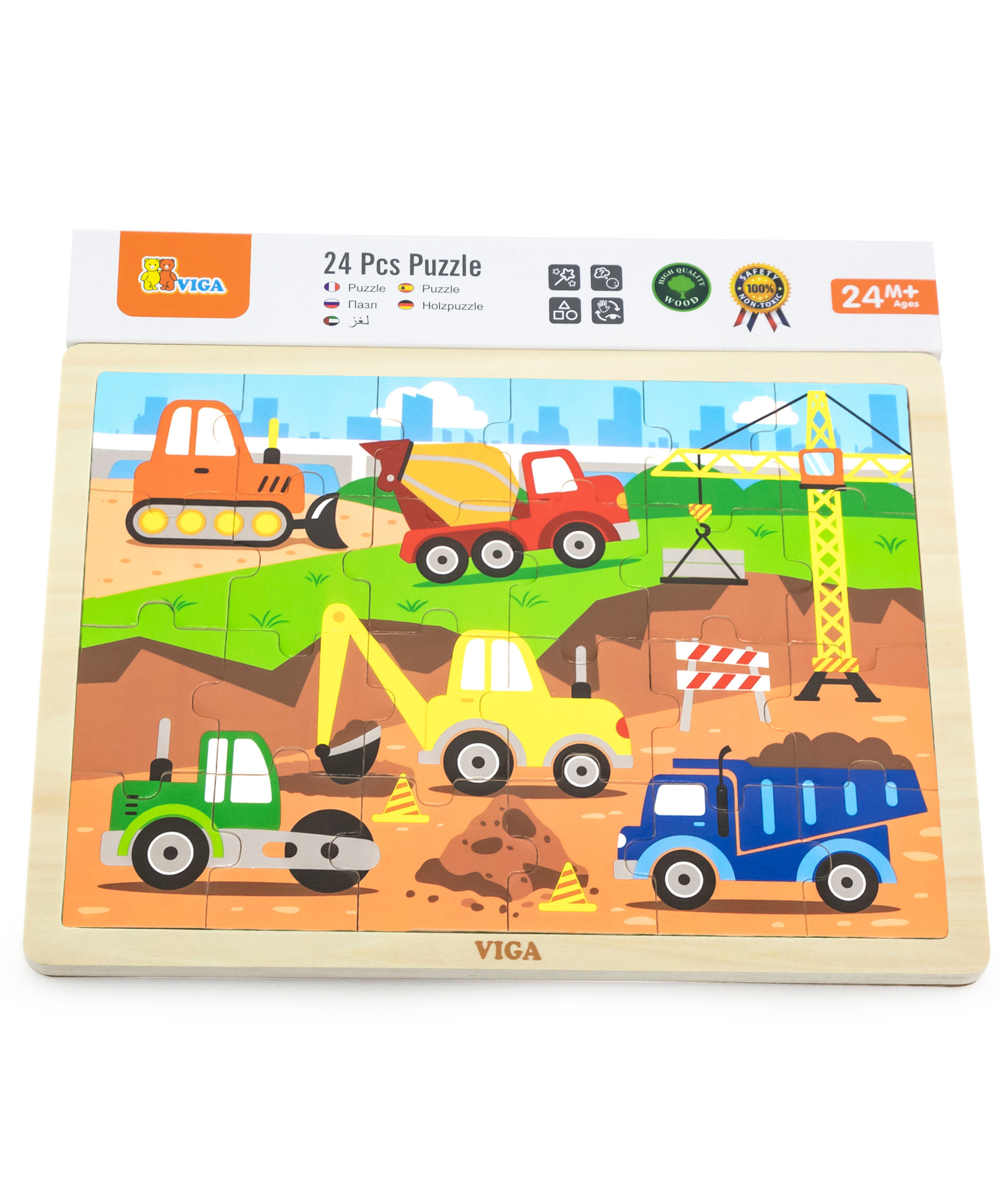 Viga Construction Vehicles, 24 Piece Jigsaw Puzzle, Montessori Wooden Toy, Develops Sensory, Cognitive & Fine Motor Skills, Non-Toxic & Eco-friendly Kids Educational Toy, Suitable for Children 2Y+